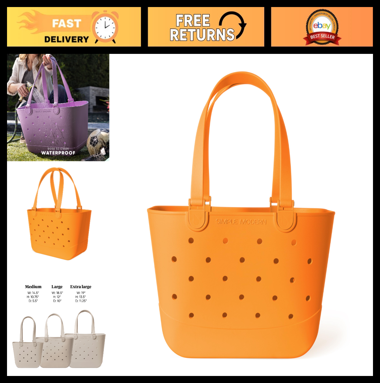 Large Waterproof Beach Tote Bag - Orange Getaway Bag with Zipper Pocket, Ideal f0