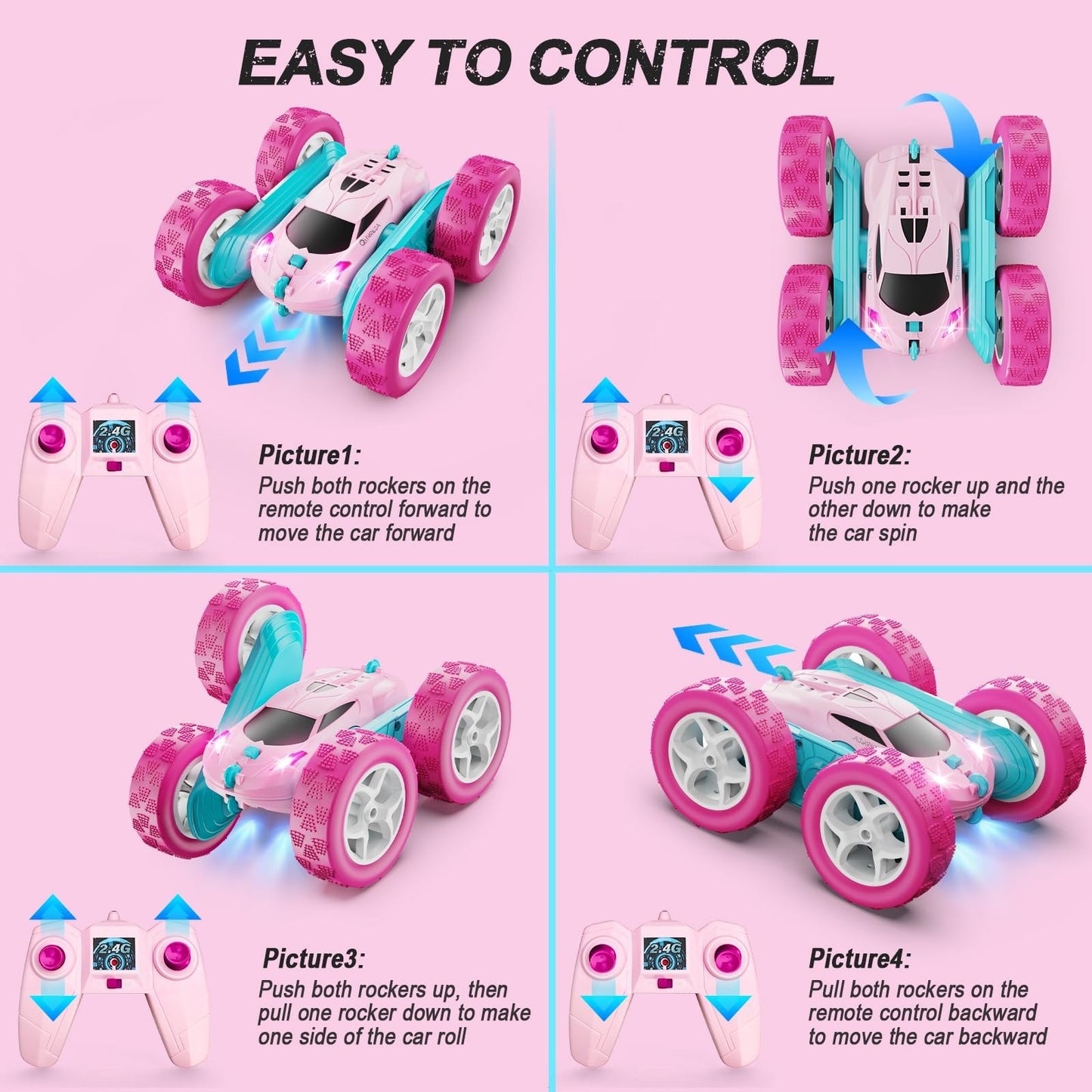 Pink Remote Control Car for Girls   2.4GHz Double Sided Stunt Crawler, 360° Rota4