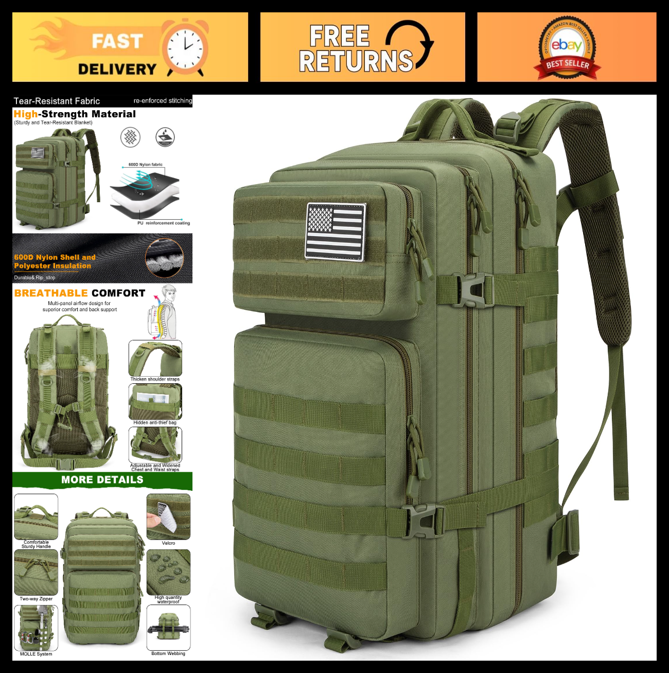 Large 45L Tactical Backpack Military MOLLE 3 Day Bug Out Gear, Survival Pack0