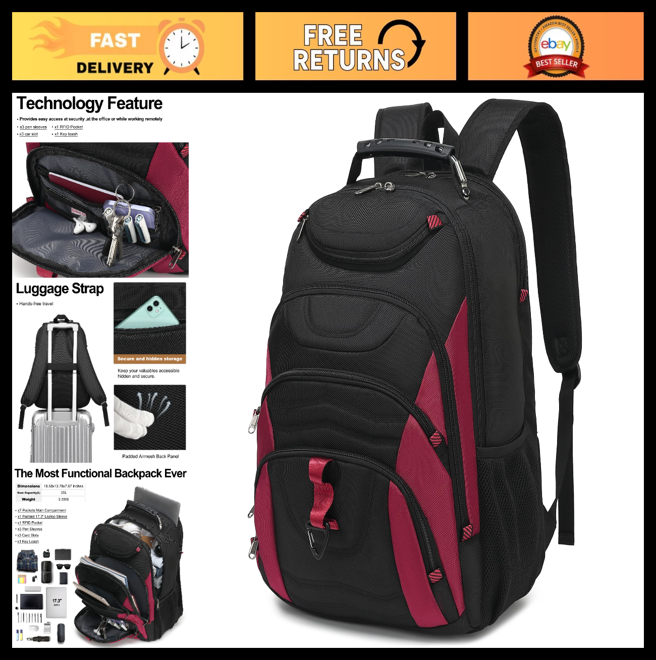 17.3" Waterproof Laptop Backpack with USB Port, Anti Theft Travel Bag for Work &0