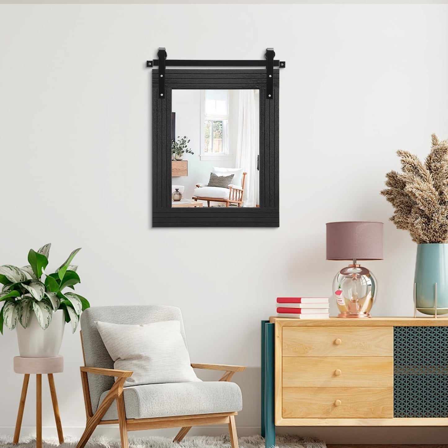 Large Black Framed Rectangle Wall Mirror - Barn Door Style for Bathroom, Bedroom5