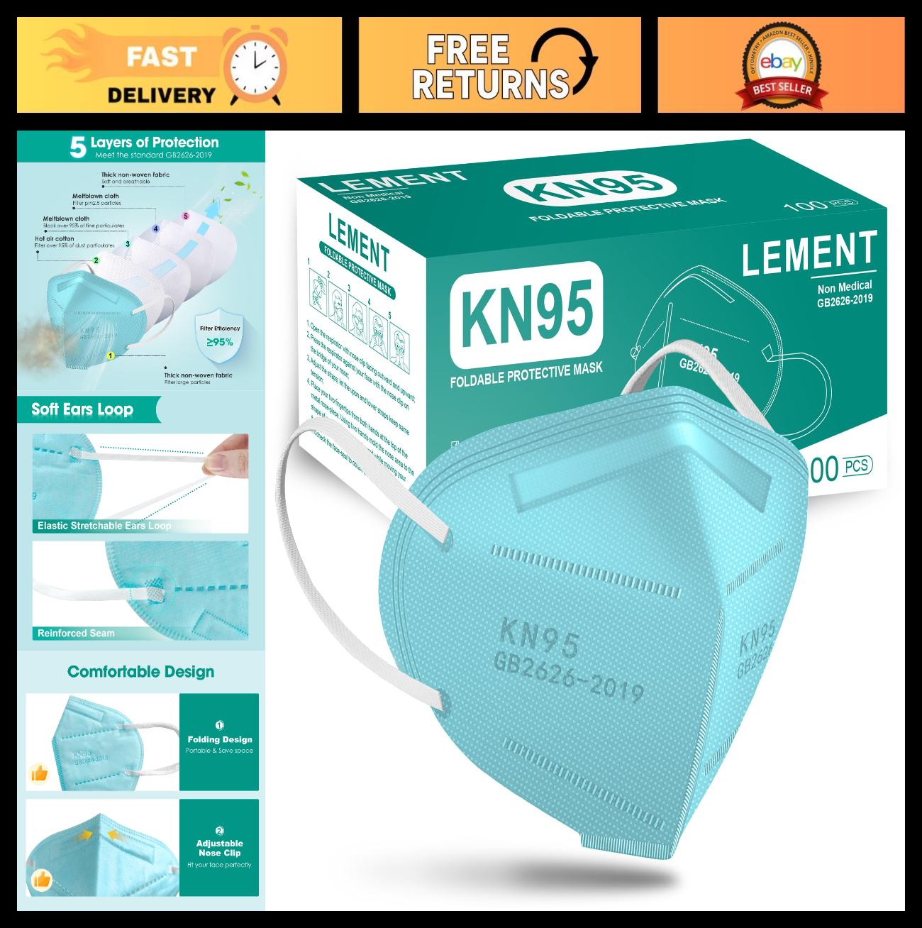 100 Pack KN95 Face Masks   Breathable Disposable Dust Masks for Adults, Blue0