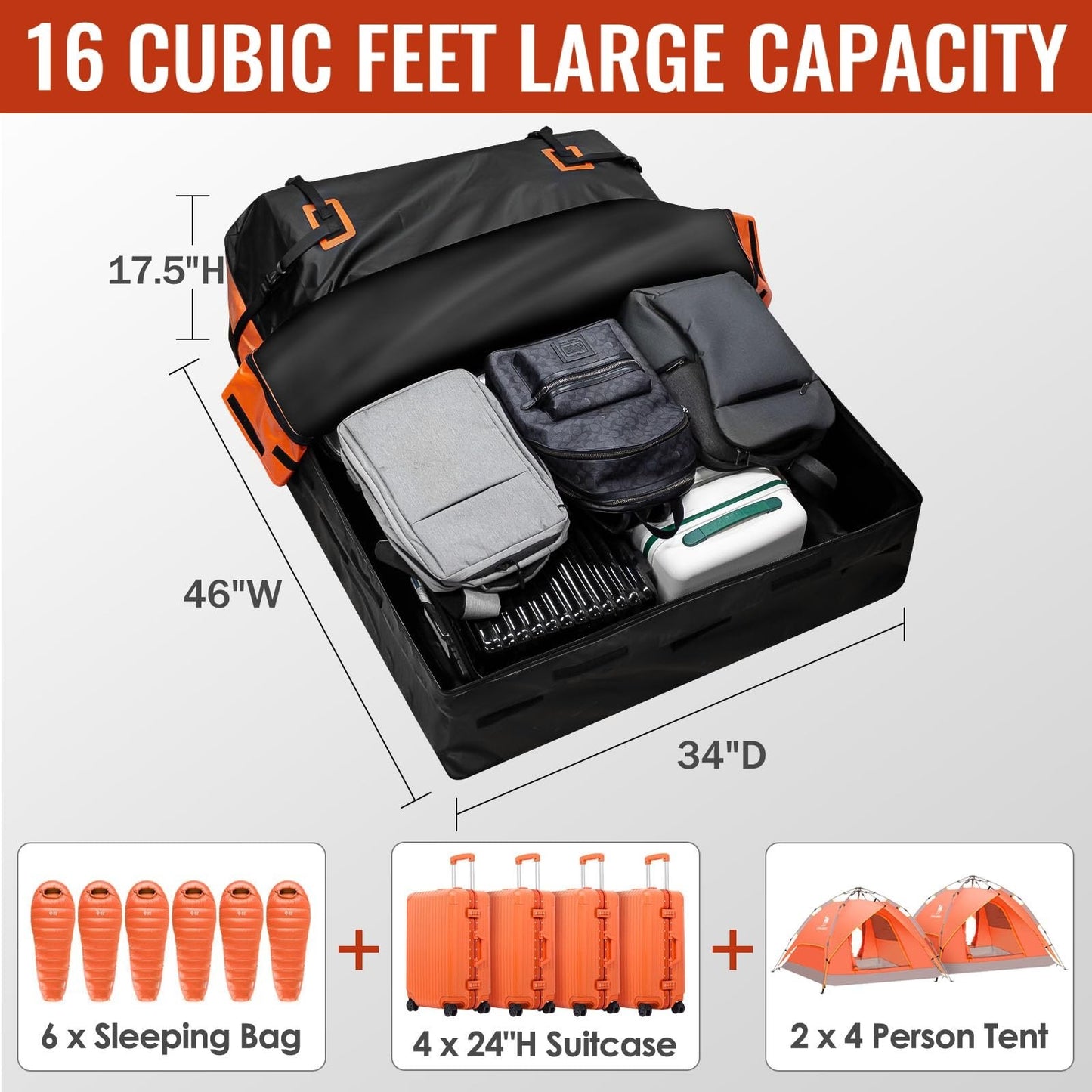 Waterproof Rooftop Cargo Carrier Bag 16 Cu Ft - Large Capacity Luggage Storage f3