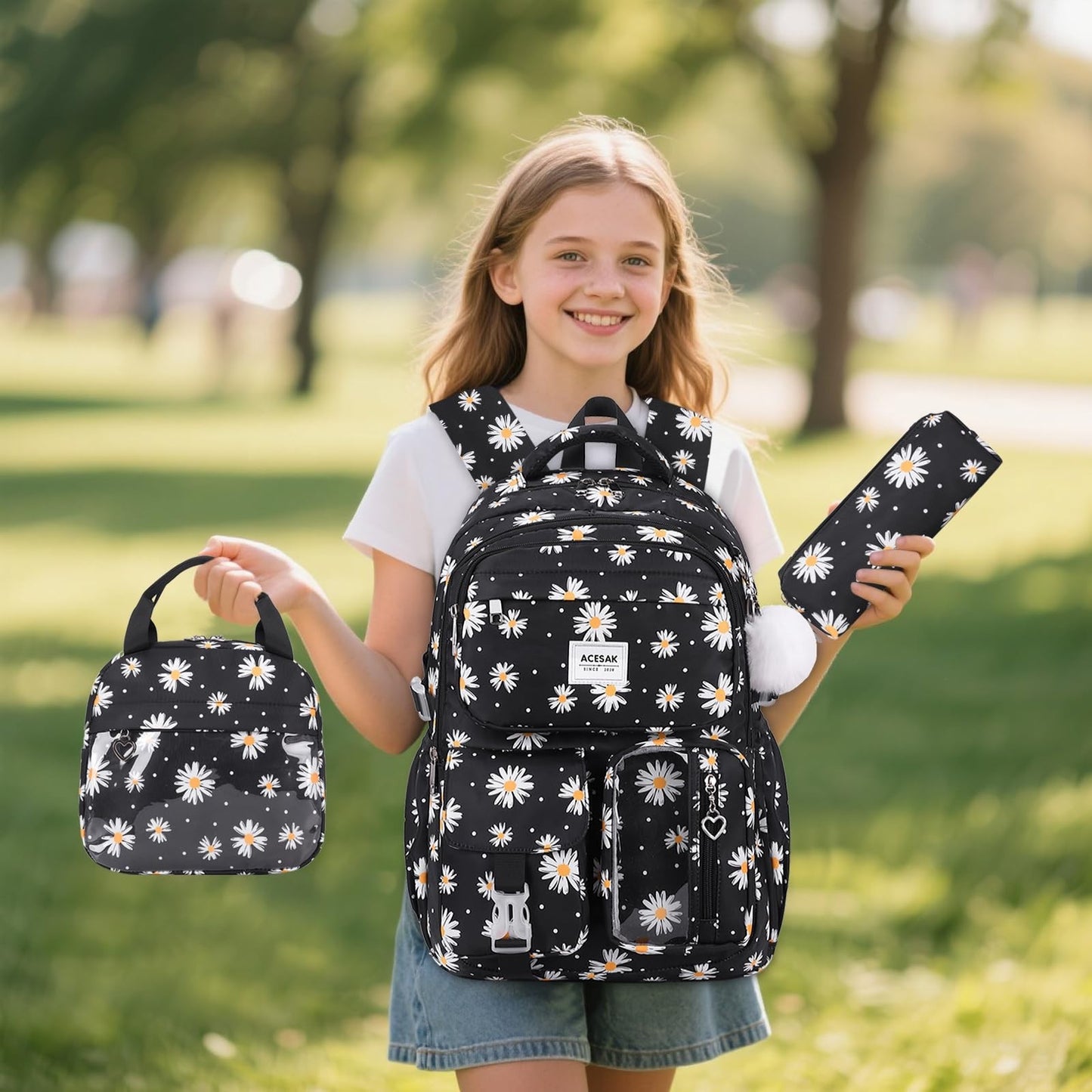 Stylish Girls Backpack with Lunch Bag & Pencil Pouch   Teen Kids Laptop Bookbag2