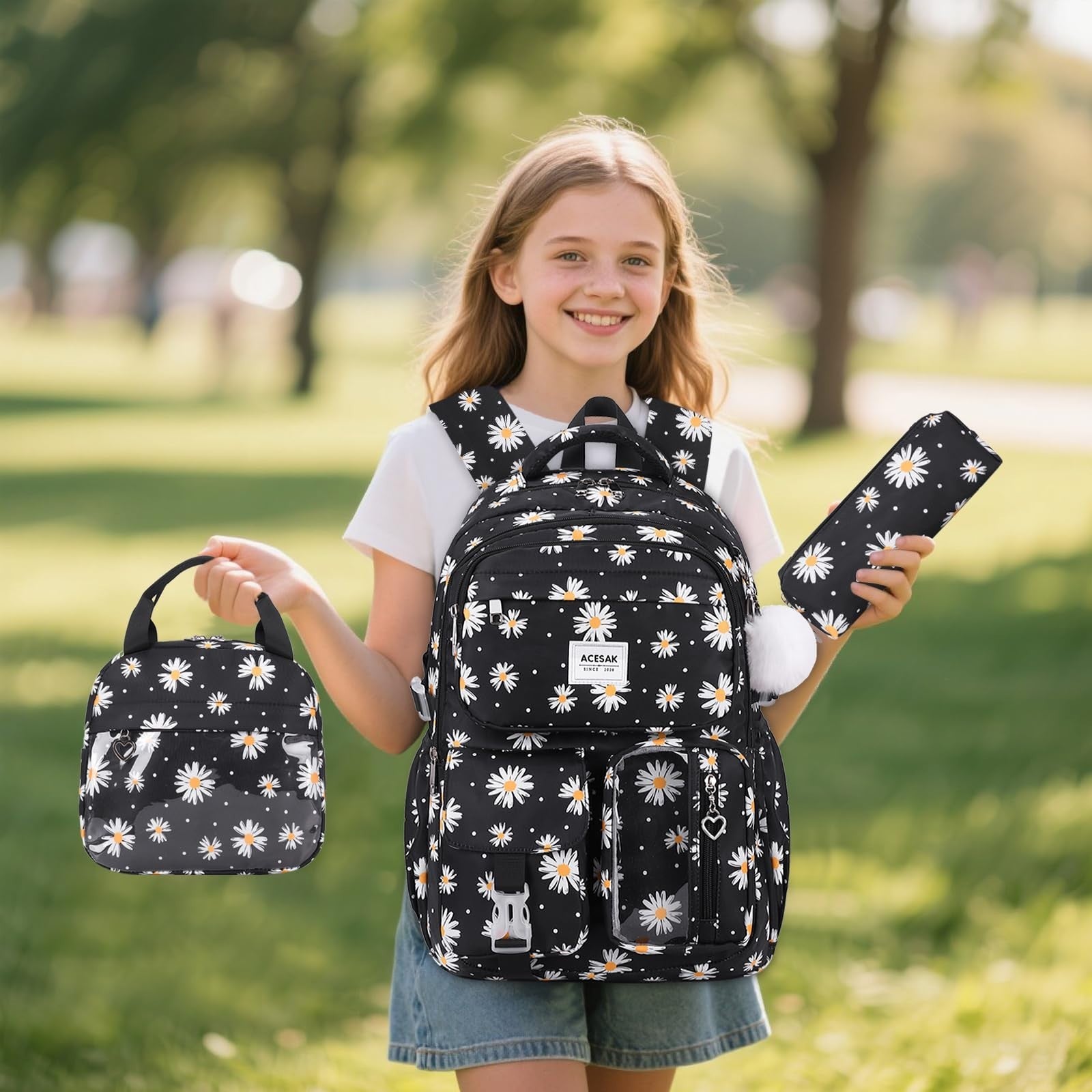 Stylish Girls Backpack with Lunch Bag & Pencil Pouch   Teen Kids Laptop Bookbag2