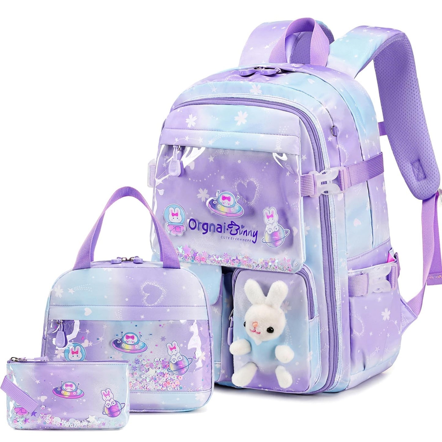 3PCS Kawaii Bunny Girls Backpack Set   School Bag with Lunch Box & Pencil Case,1