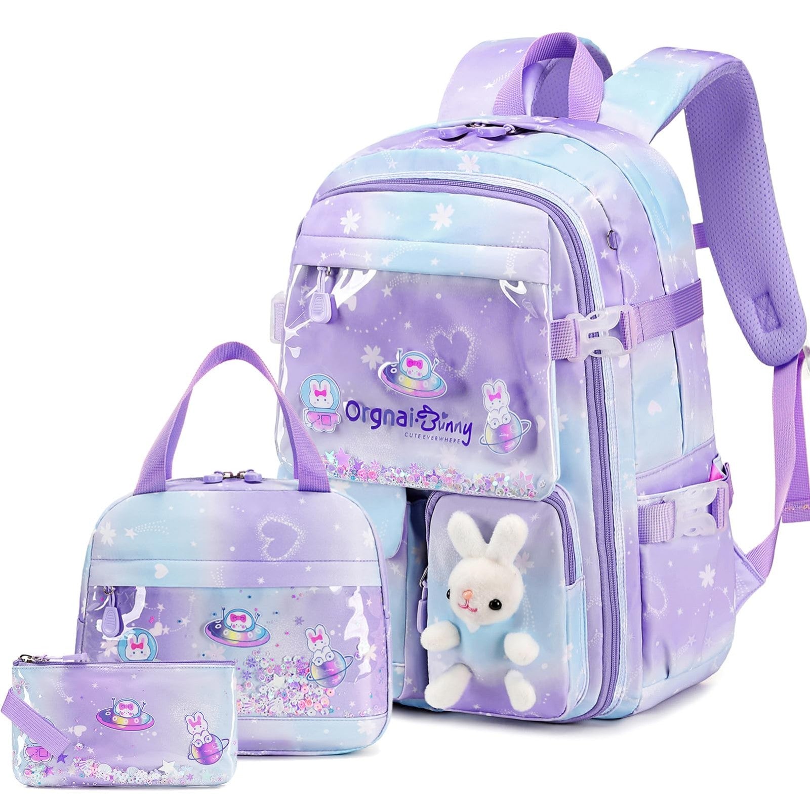 3PCS Kawaii Bunny Girls Backpack Set   School Bag with Lunch Box & Pencil Case,1