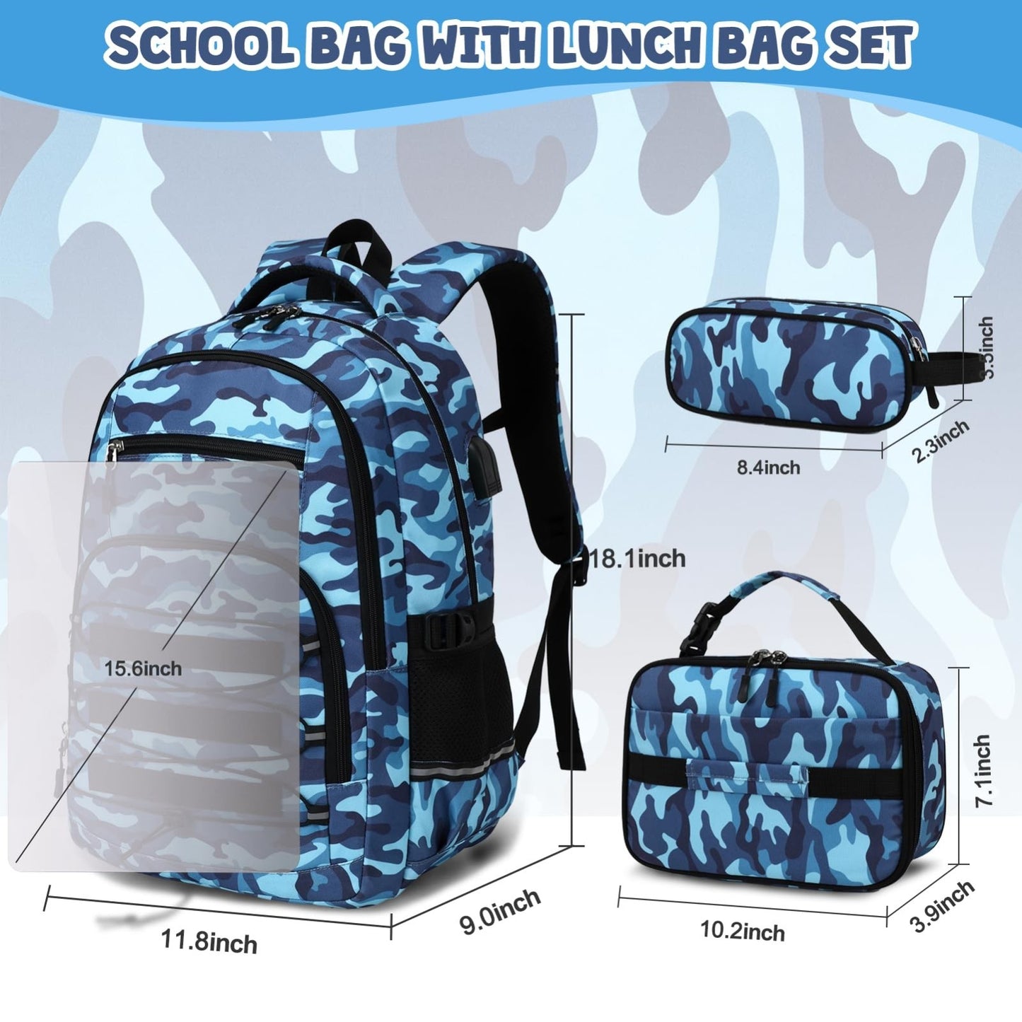 Tactical Camo Backpack for Boys   School Bag Set with Lunch Bag & USB Port2