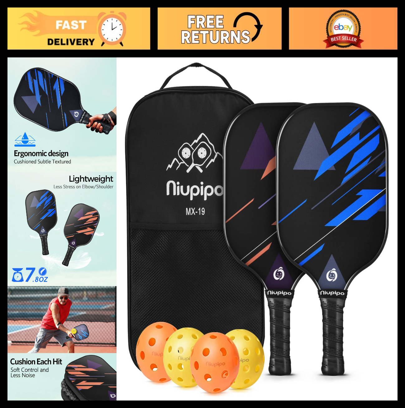 Pickleball Paddle Set of 2 or 4 - USAPA Approved, Fiberglass, Lightweight with B0