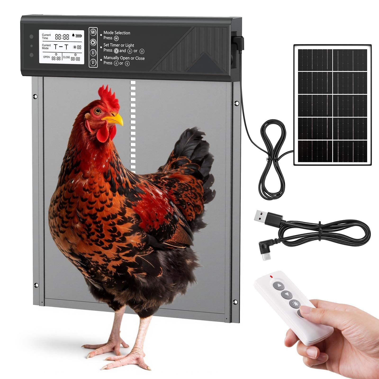 Automatic Chicken Coop Door Solar Powered with Timer & Light Sensor, Remote Cont1