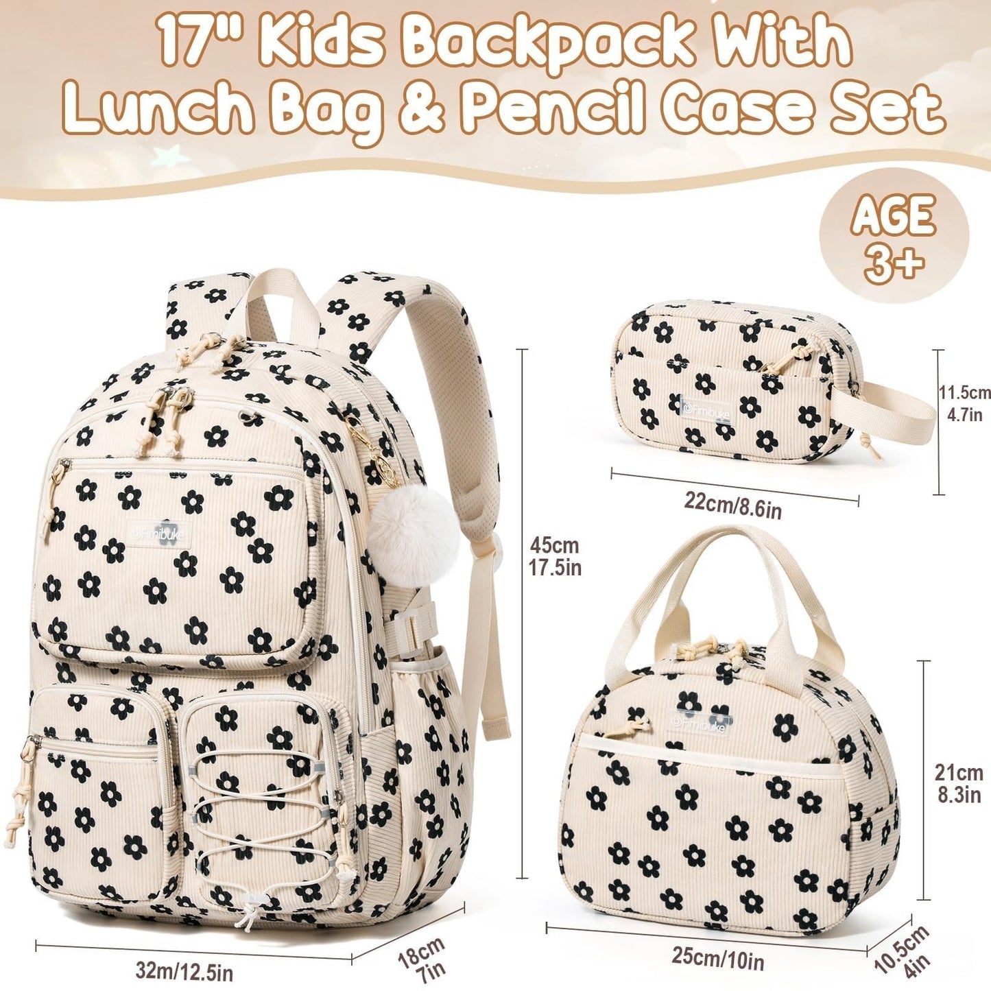 Stylish Corduroy Backpack Set for Girls   3PCS Kids Backpack with Lunch Box1