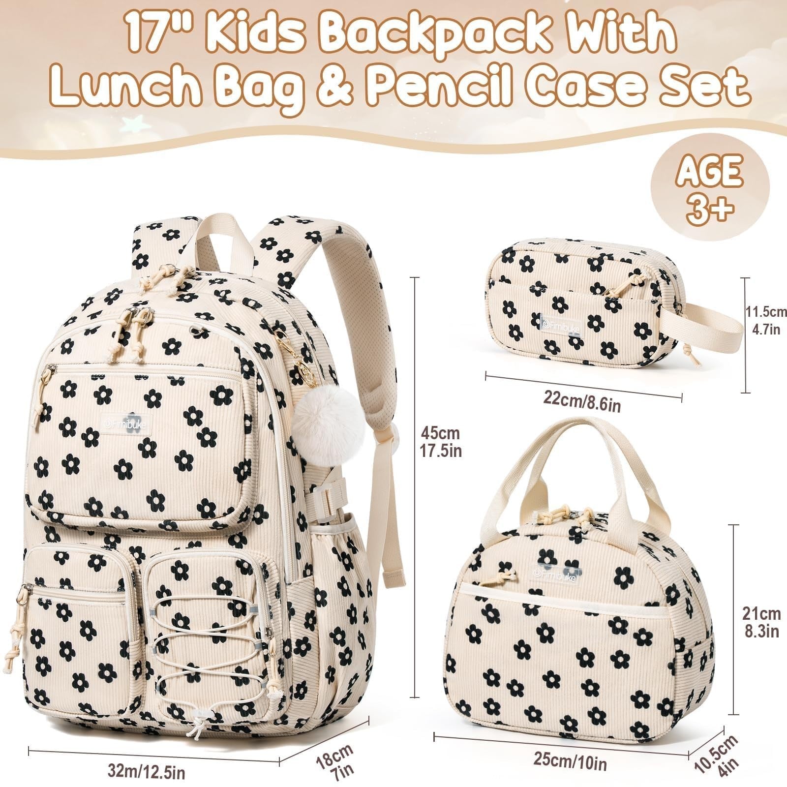 Stylish Corduroy Backpack Set for Girls   3PCS Kids Backpack with Lunch Box1