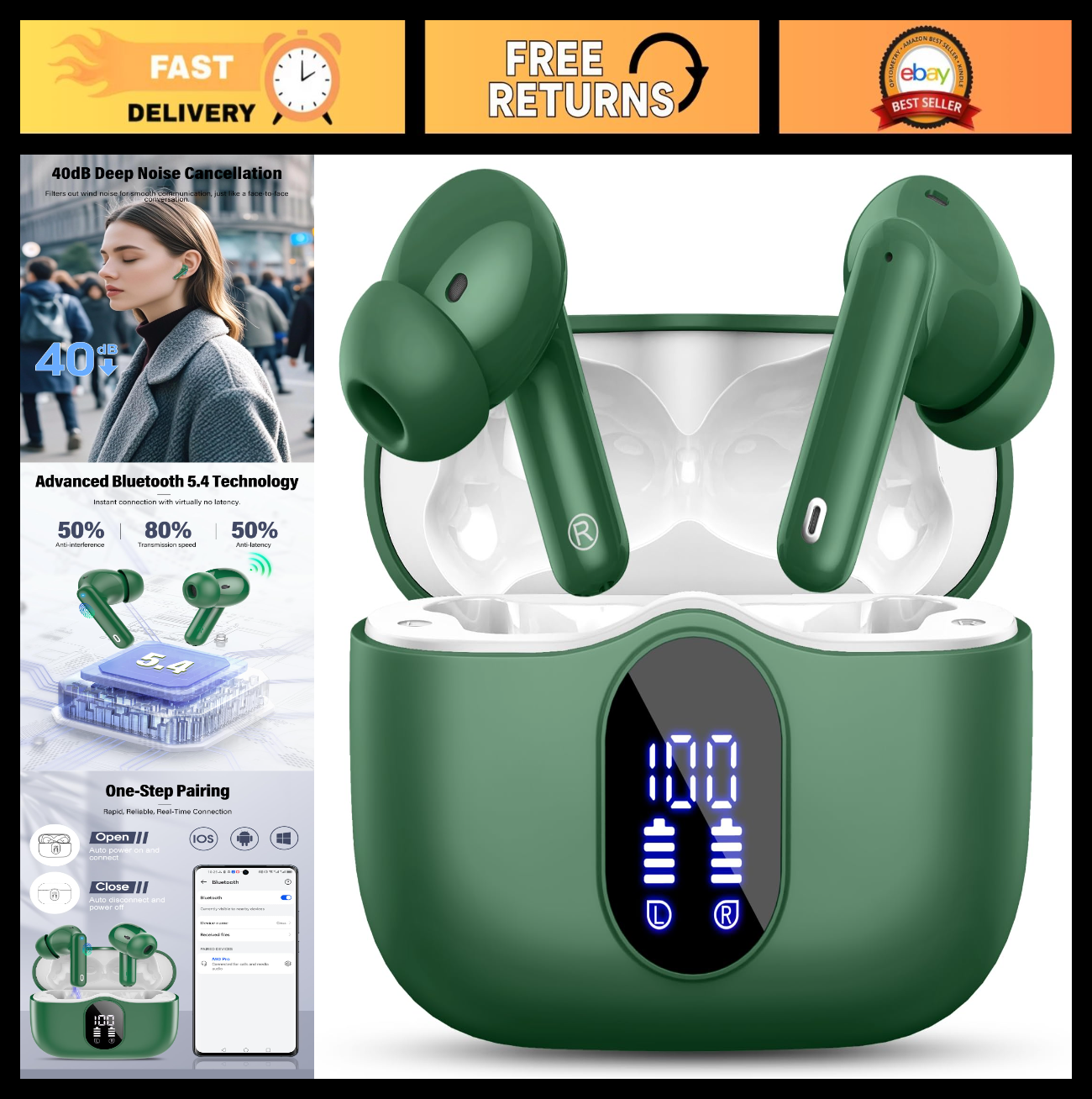 Wireless Earbuds Bluetooth 5.4, Noise Cancelling, IP7 Waterproof, 36H Playtime,0