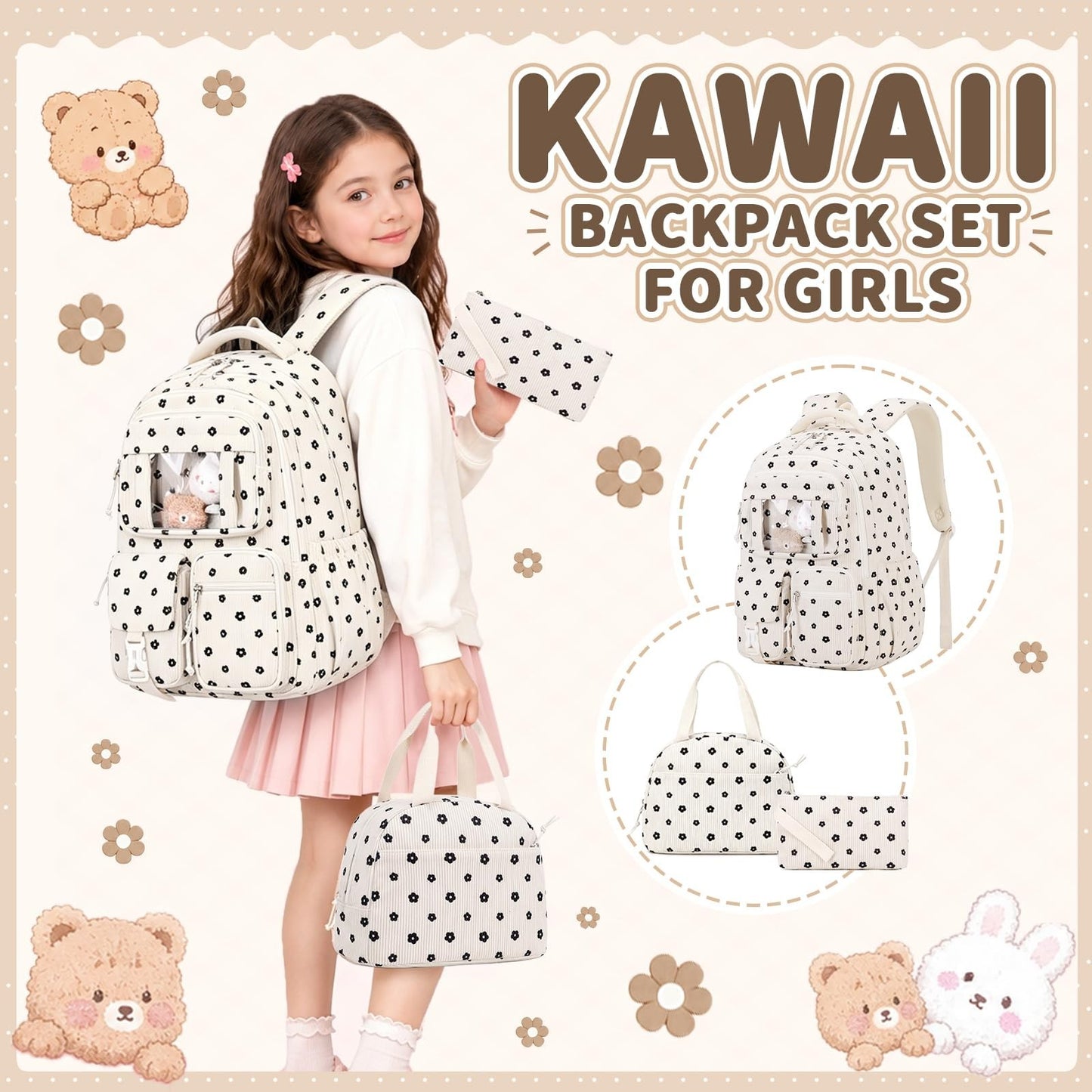 Kawaii Corduroy Backpack Set for Girls - 3PCS School Bag, Lunch Box & Pencil Cas2