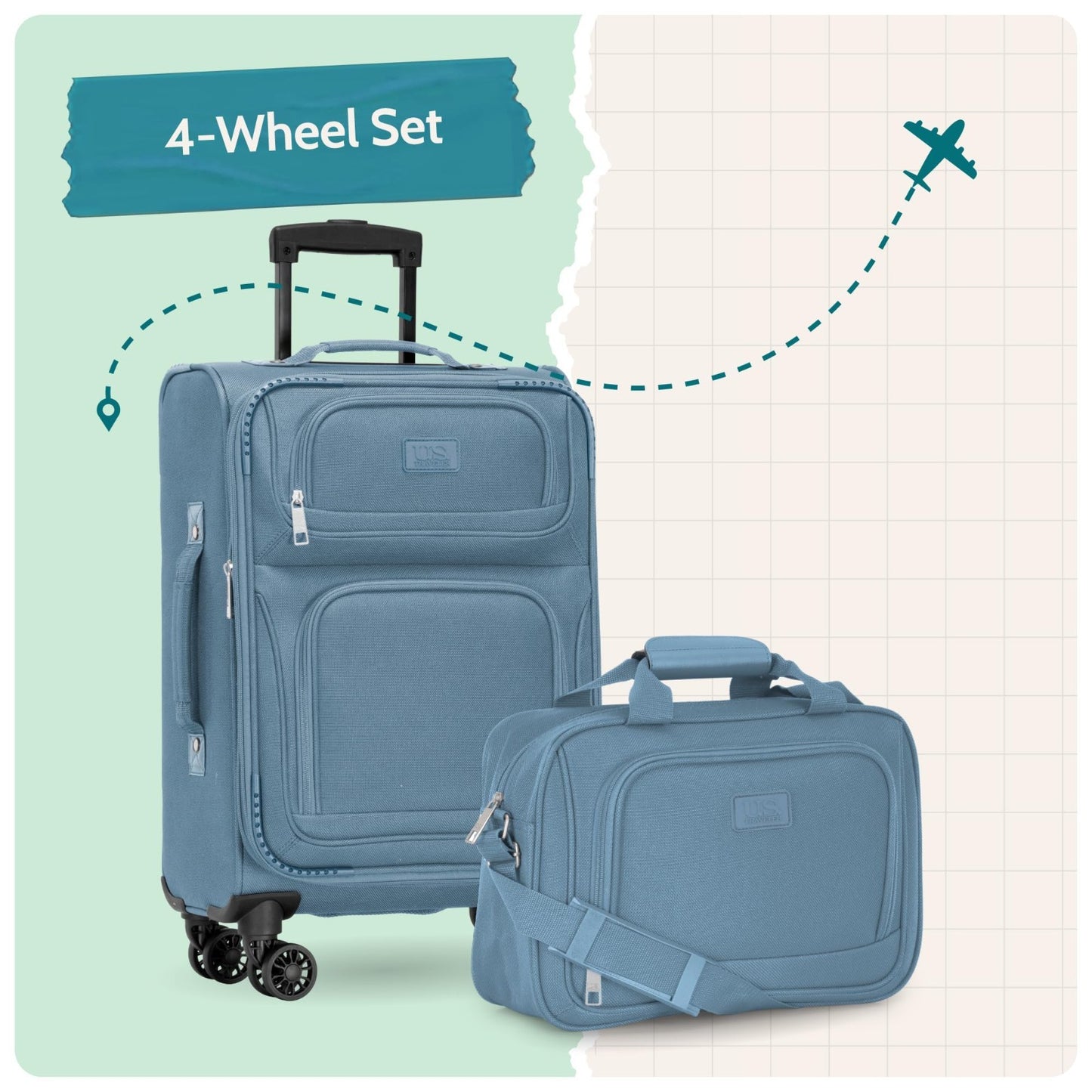 Lightweight Softside Rolling Carry-On Suitcase, 4-Wheel Travel Luggage, Light Bl6