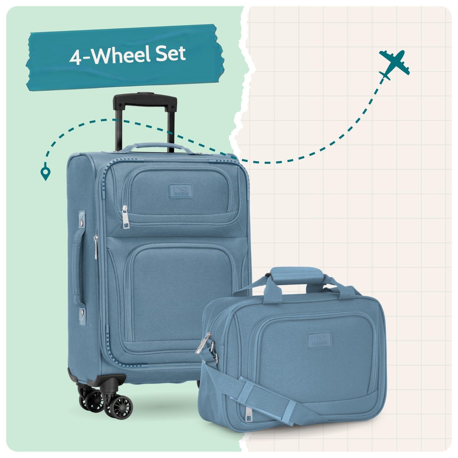 Lightweight Softside Rolling Carry-On Suitcase, 4-Wheel Travel Luggage, Light Bl6