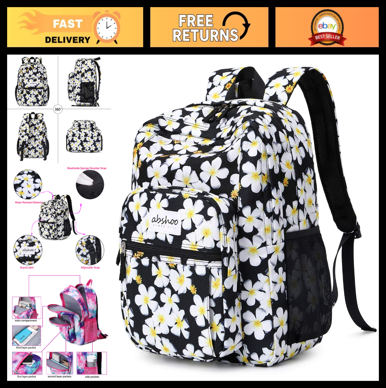 Floral Women's Backpack for College   Water Resistant Bookbag, Stylish & Durable0