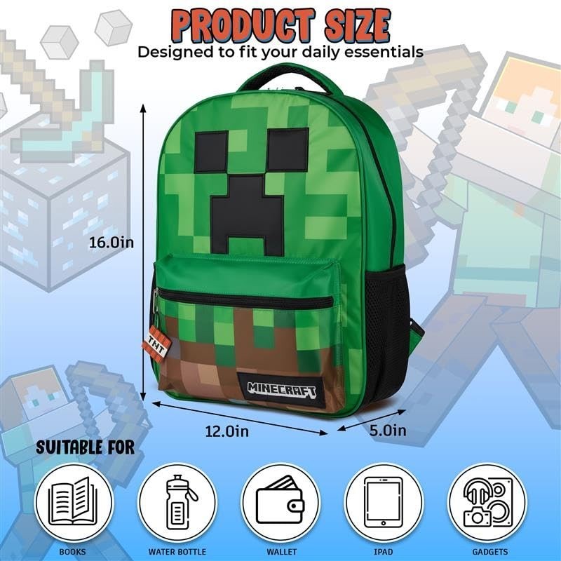 Minecraft Creeper Backpack for Kids, Big Face School Bag with Front Pocket & TNT3