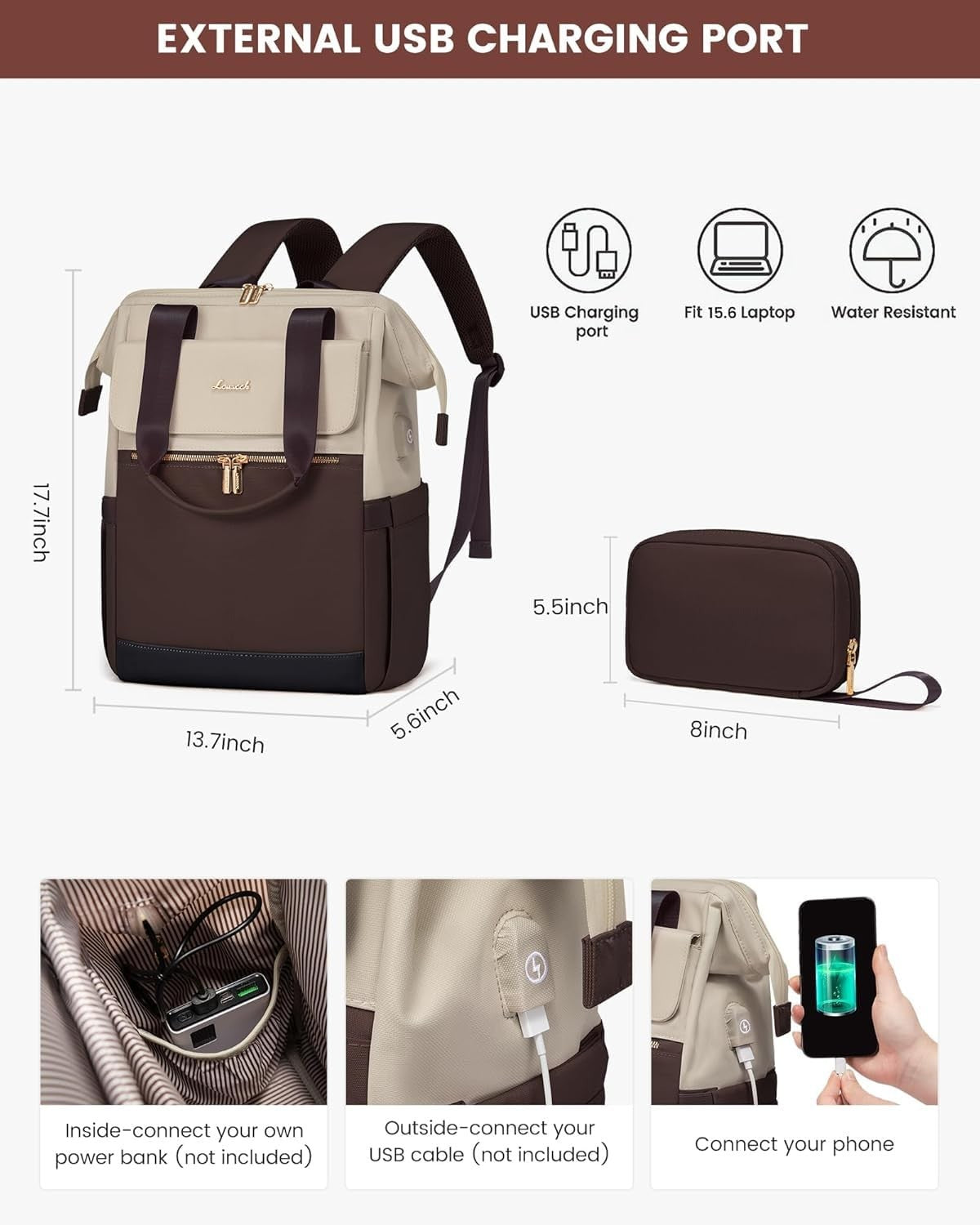 Stylish Women's Laptop Backpack with USB Port & Tumbler Holder, 15.6" Waterproof3