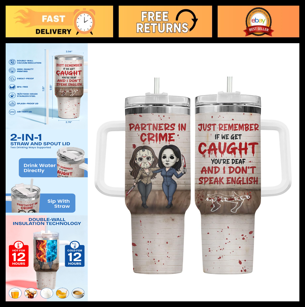 Funny 40oz Horror Tumbler with Handle   Spooky Best Friend Coffee Mug Gift0