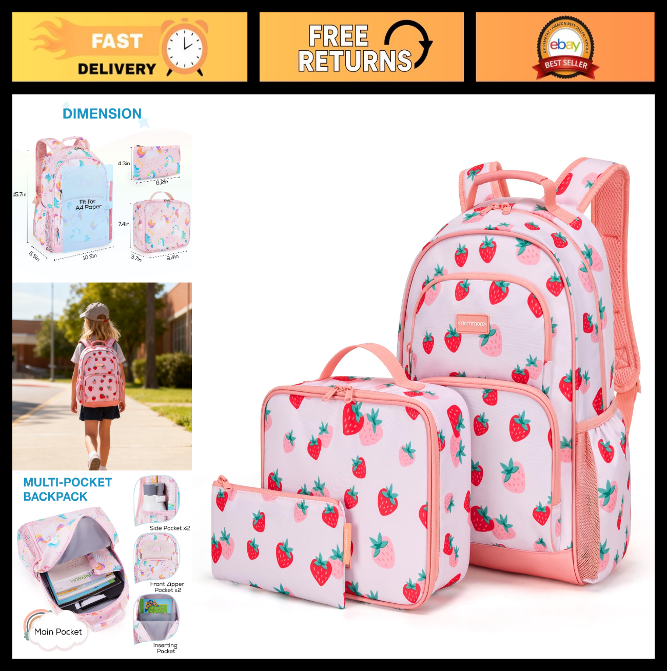 Kids Backpack Set for Kindergarten, School Bookbag 3 PCS with Lunch Box & Pencil0