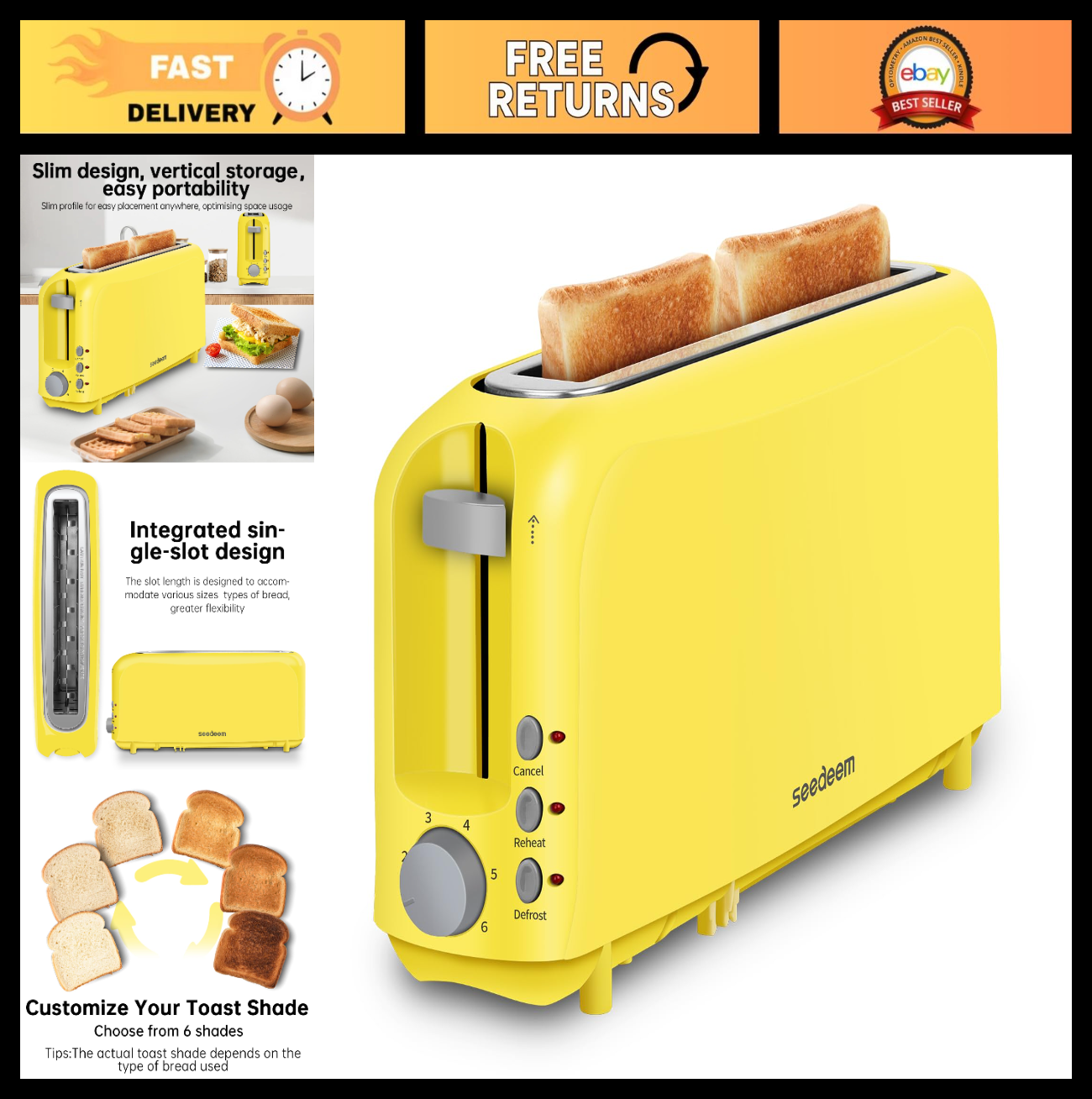 2-Slice Slim Toaster with Long Slot for Bagels & Artisan Bread, 6 Shade Settings0