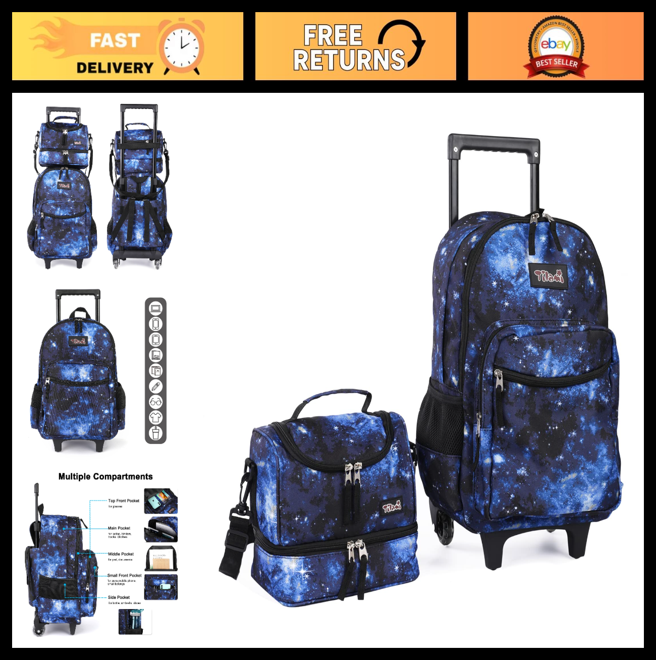 Wheeled Kids Backpack 18" with Lunch Bag, Double Handle, Galaxy Blue, Boys & Gir0