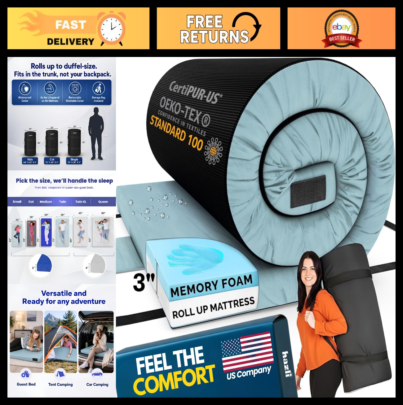 AirCell Memory Foam Camping Mattress Pad   Portable Roll Up Sleeping Mat for RV,0