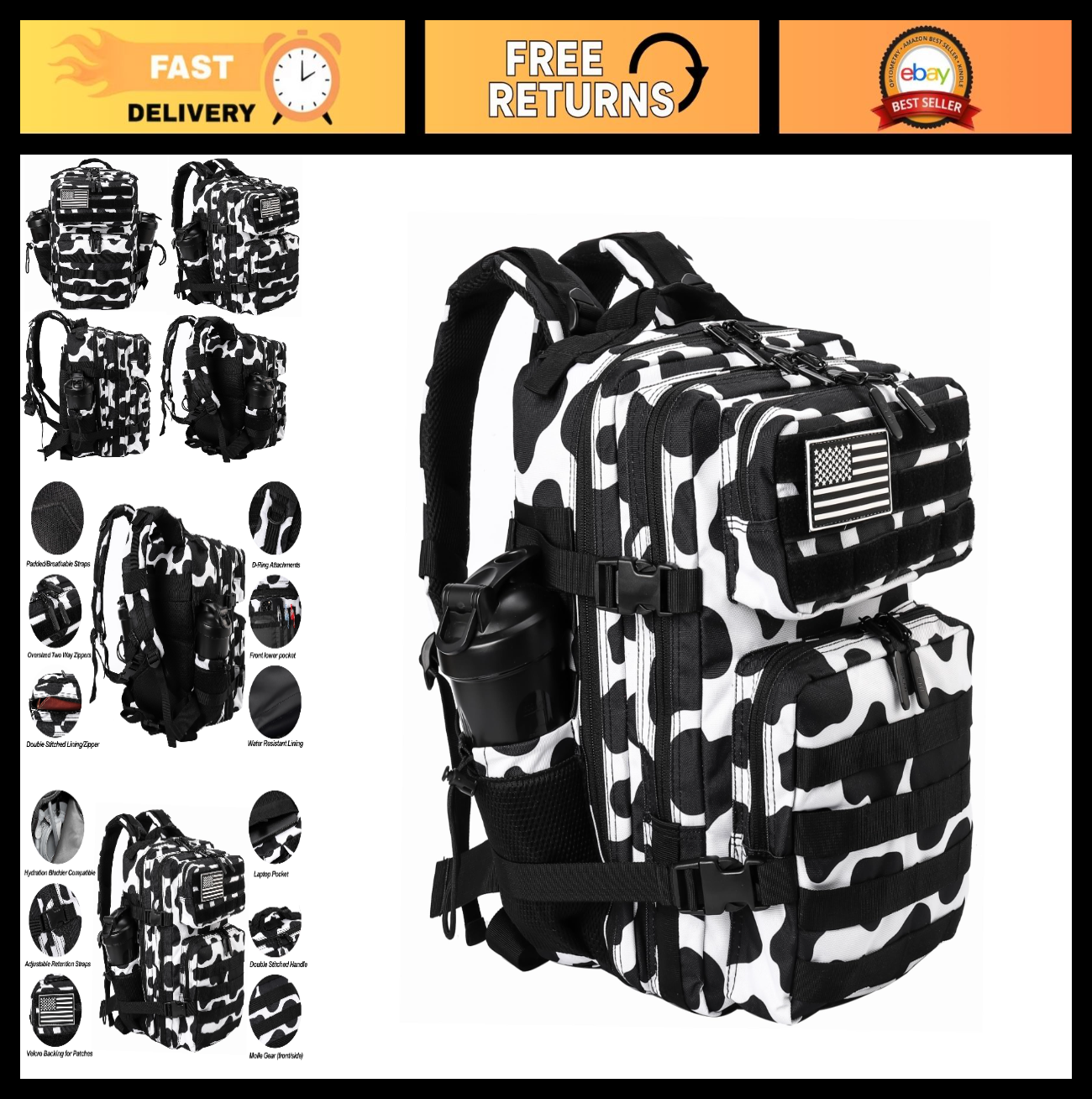 Tactical Military Backpack 25L/35L   Army Assault Rucksack with Bottle Holder, U0