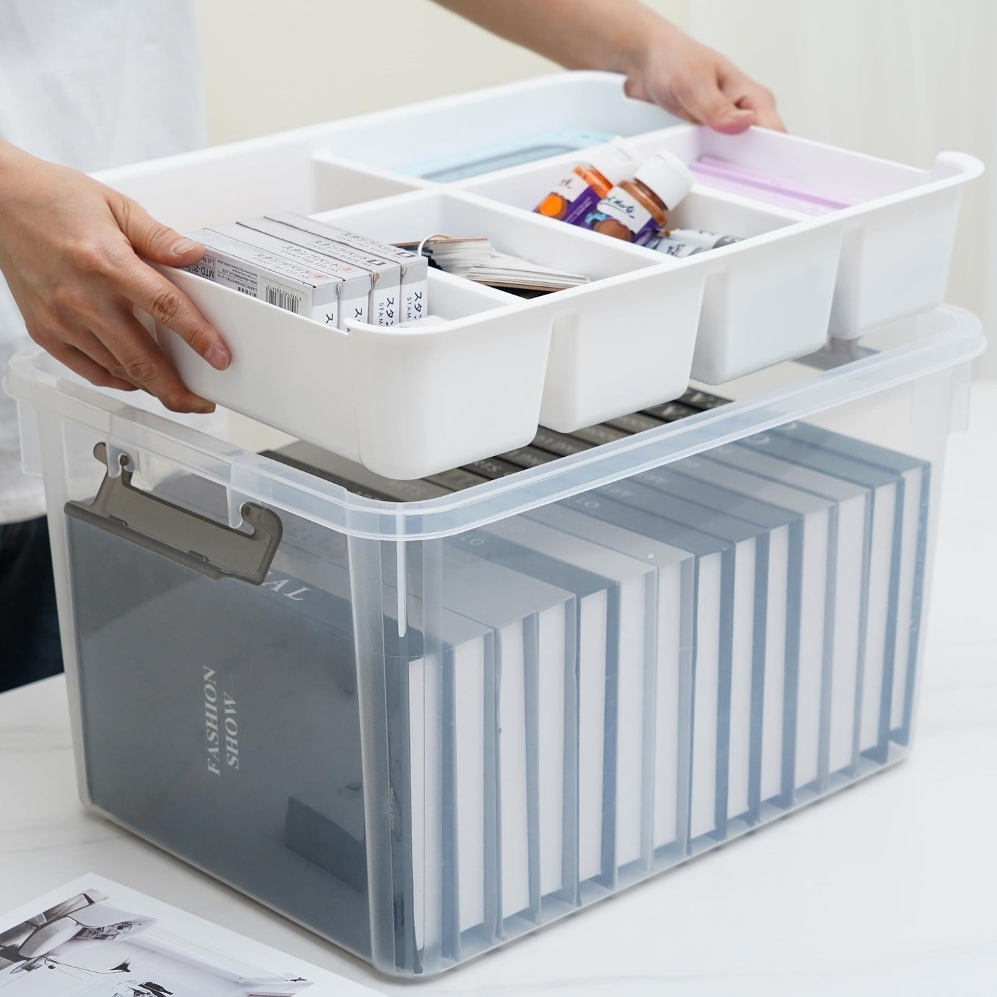 Clear Craft Organizers 32QT Storage Box Set   4 Packs with Tray for Easy Access2