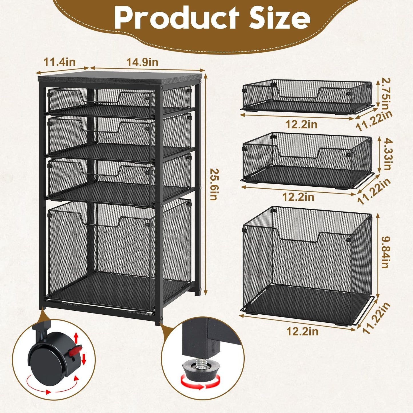 Mobile Rolling File Cart with 4 Drawers, Under Desk Organizer, Utility Filing Ca2