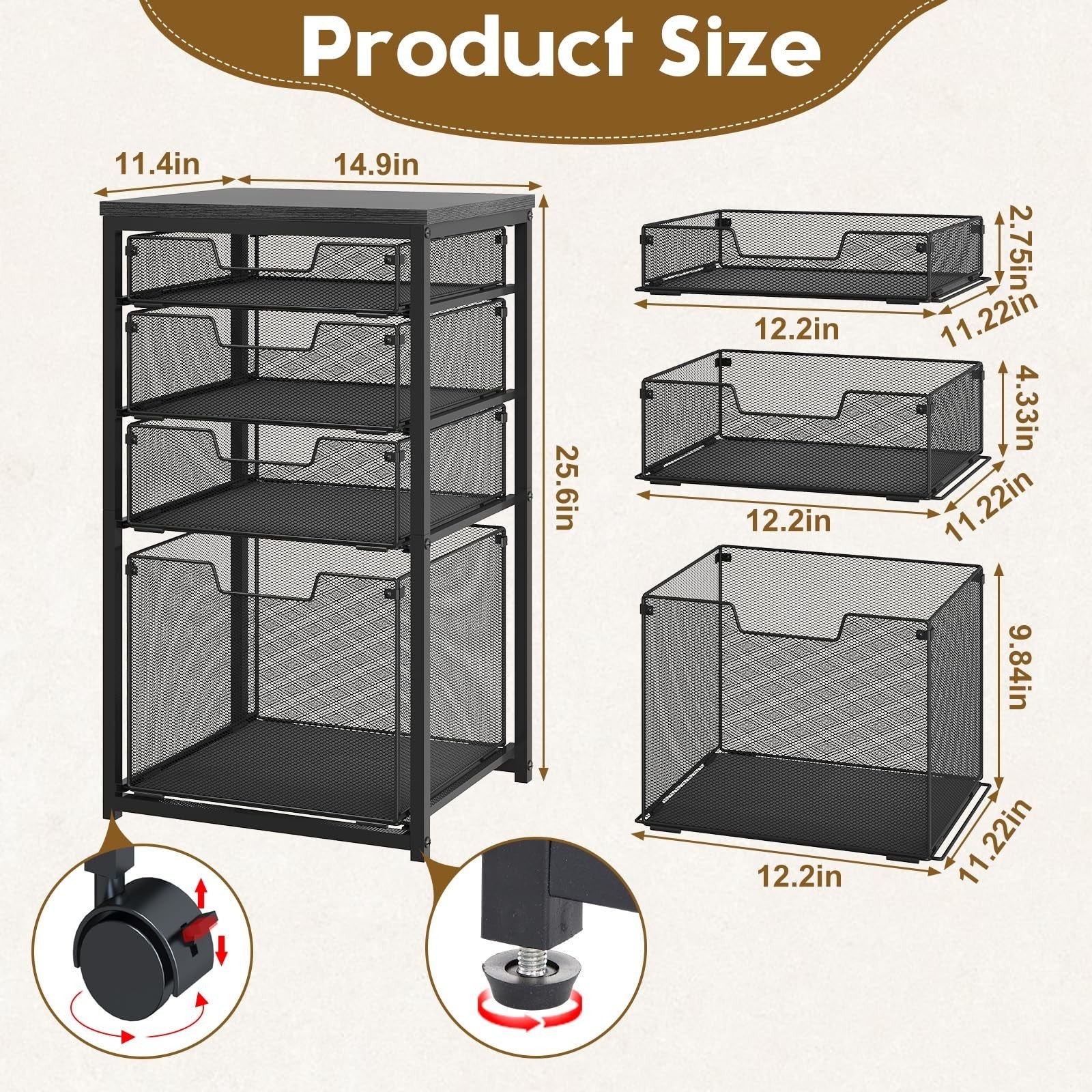 Mobile Rolling File Cart with 4 Drawers, Under Desk Organizer, Utility Filing Ca2