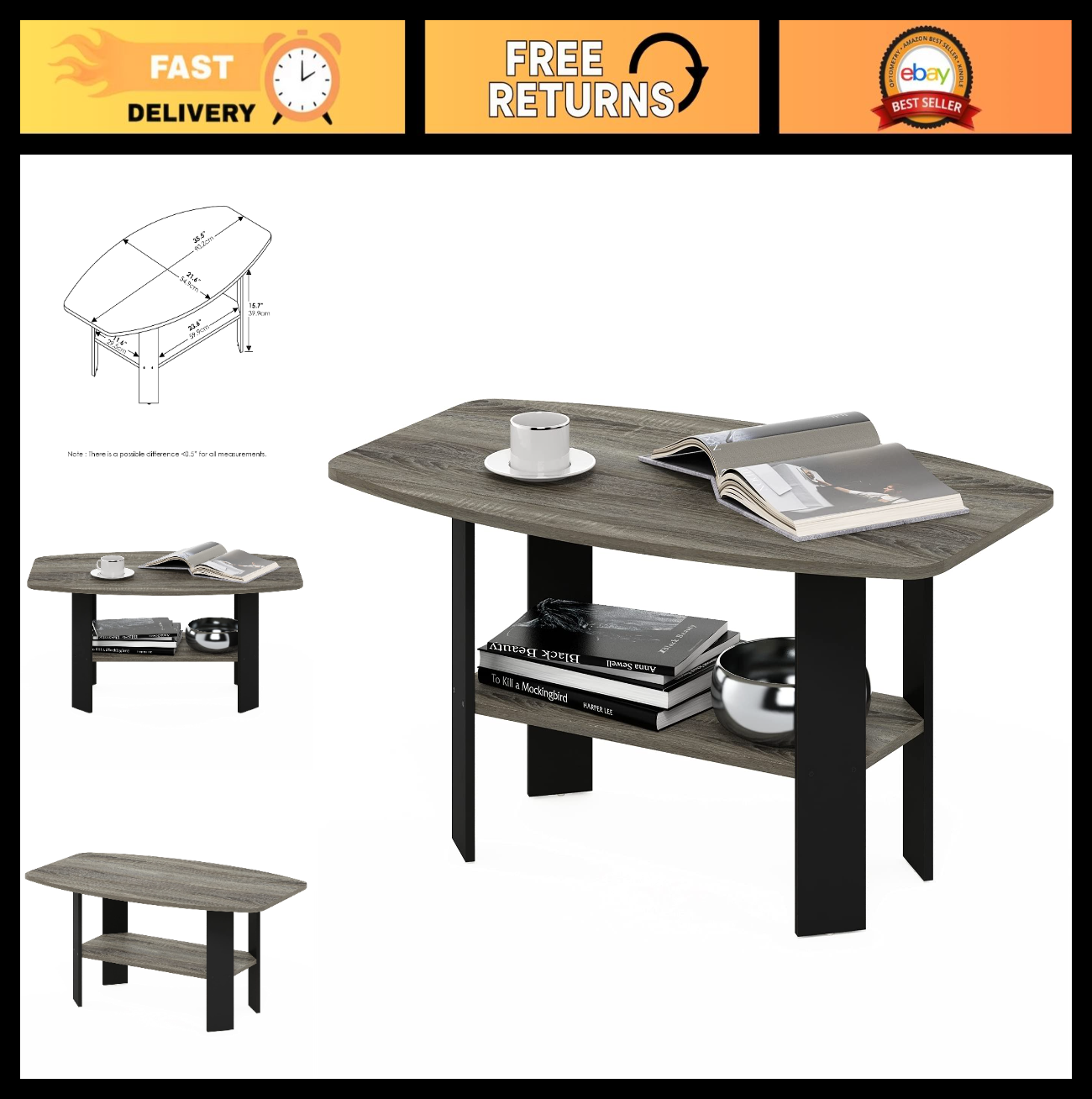 Modern Coffee Table - Simple Design, French Oak Grey & Black Finish, Living Room0