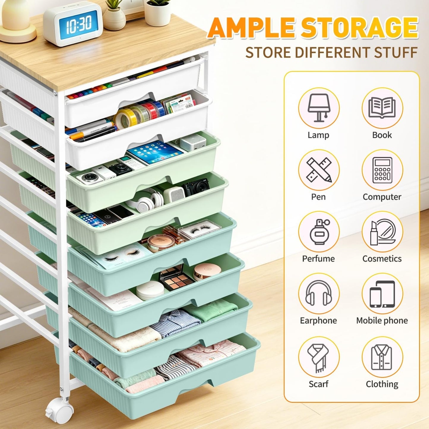 8 Drawer Rolling Storage Cart with Wooden Top & Lockable Wheels   Craft & Office6