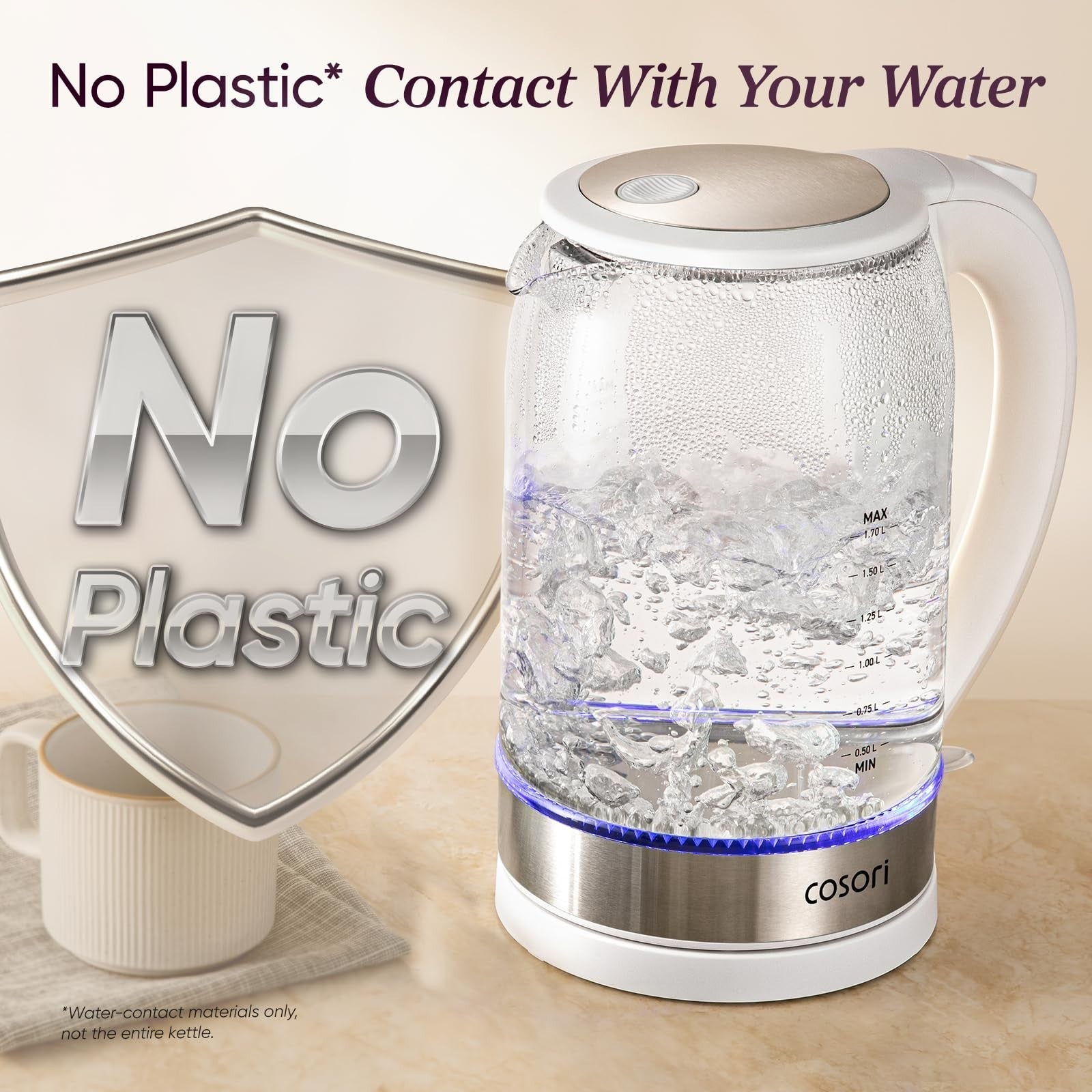 Electric Kettle 1.7L Borosilicate Glass, No Plastic Contact, Auto Shut Off, Easy2