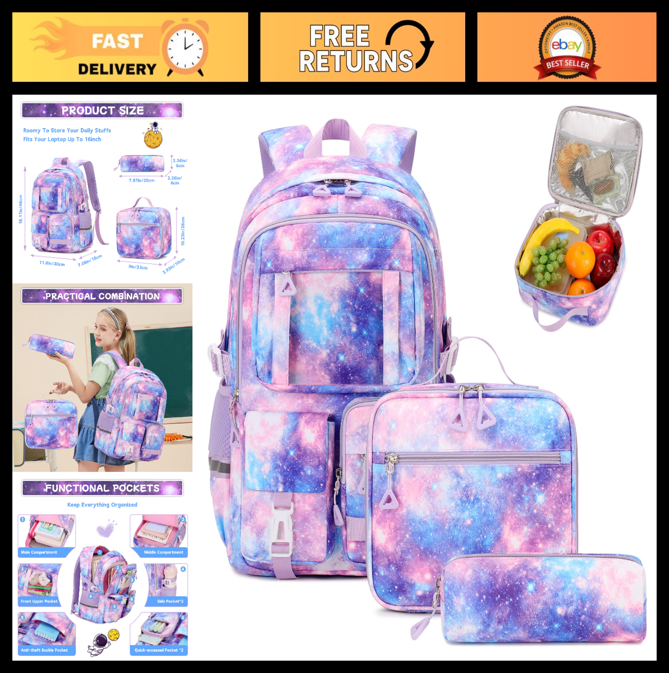 Kawaii 3pcs Kids Backpack Set with Lunch Box - Girls Book Bag for School, Galaxy0