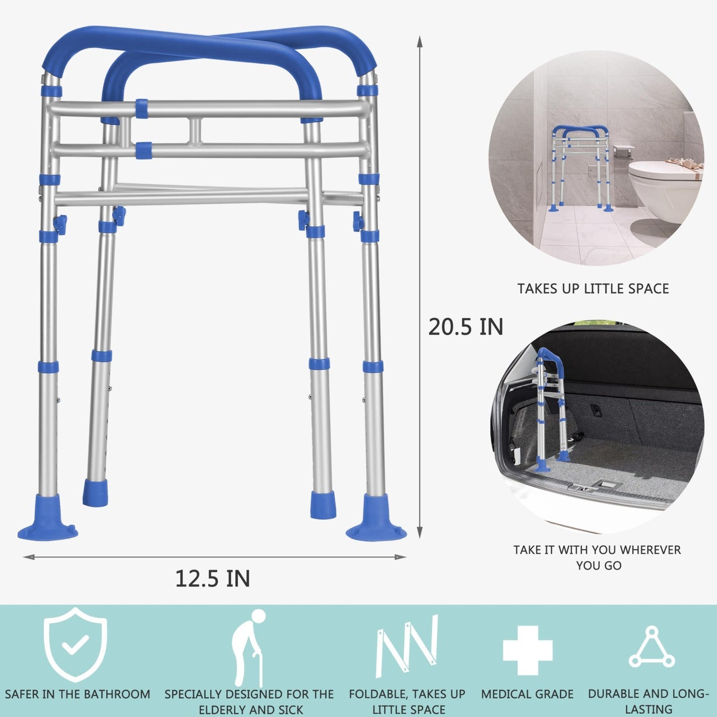 Adjustable Toilet Safety Rails   350 lbs Capacity, Foldable Design, Fits Most To4