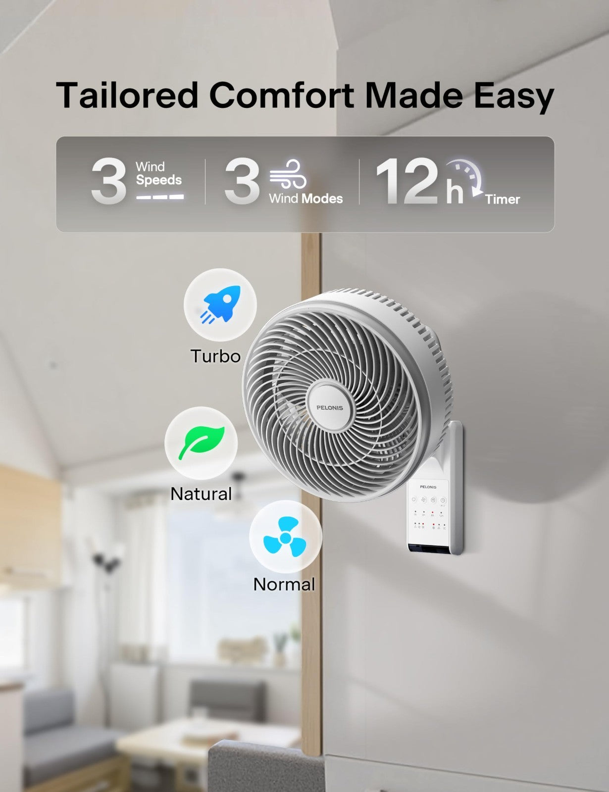 14" Wall Mount Fan with Remote Control, Oscillating, 3 Speeds, 90° Tilt, Quiet 34