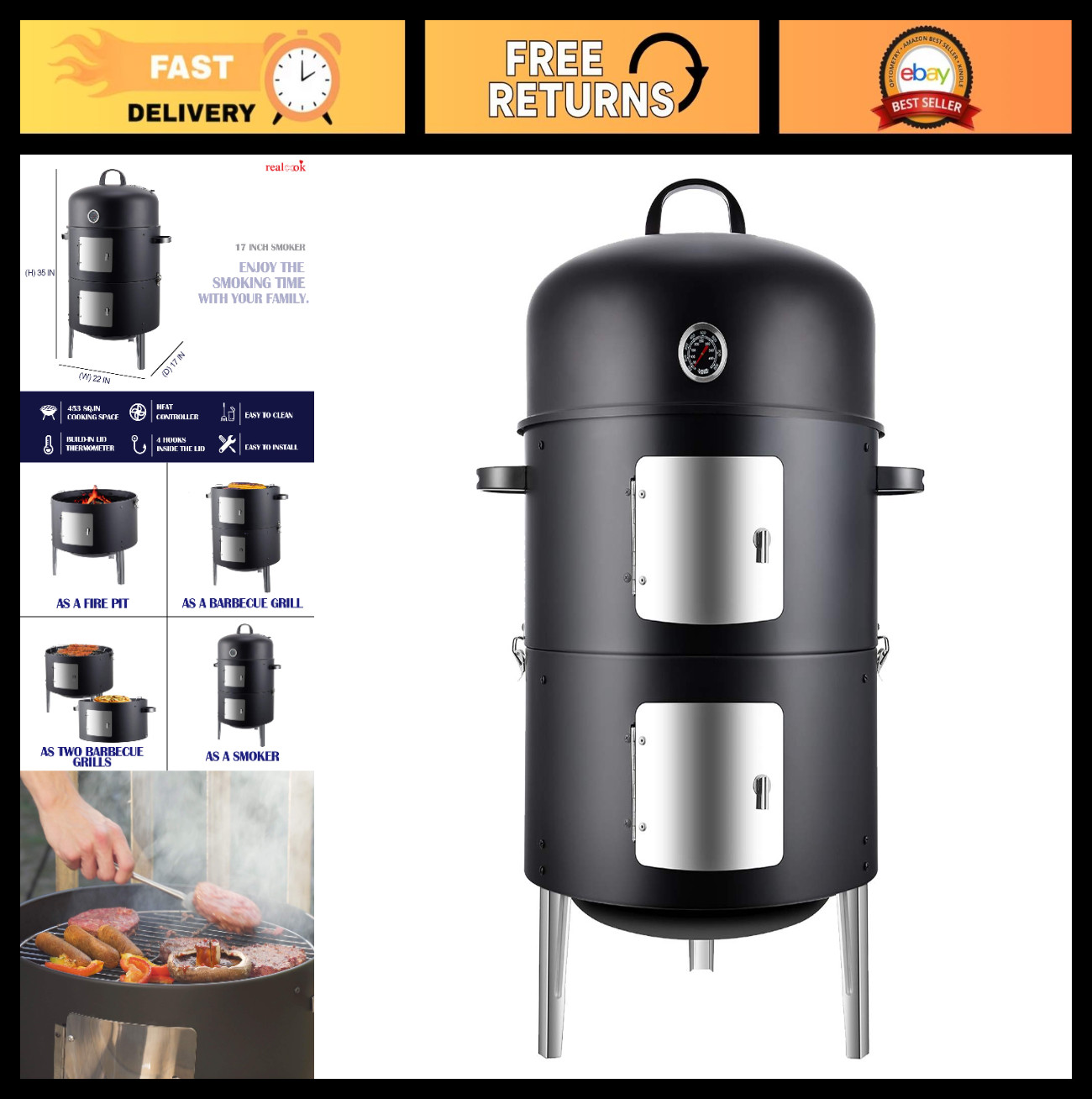 17 Inch Vertical Charcoal Smoker - Heavy Duty Round BBQ Grill for Outdoor Cookin0