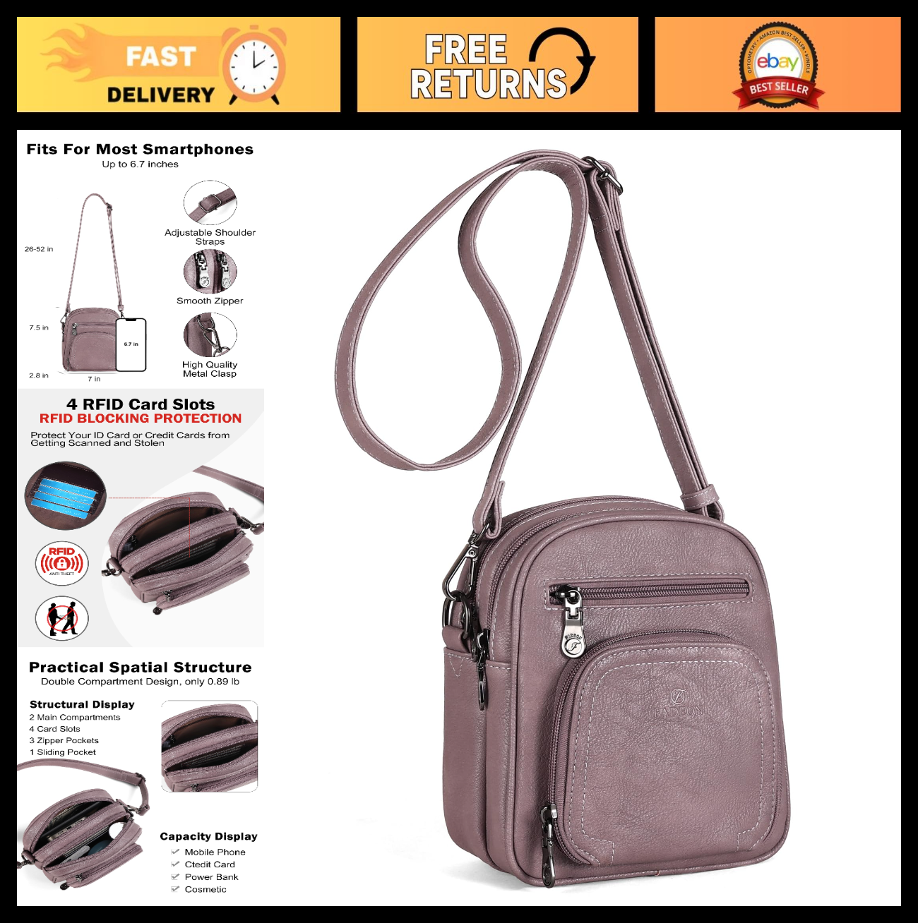 Stylish Small Crossbody Purses for Women, RFID Anti-Theft, 4 Card Slots0
