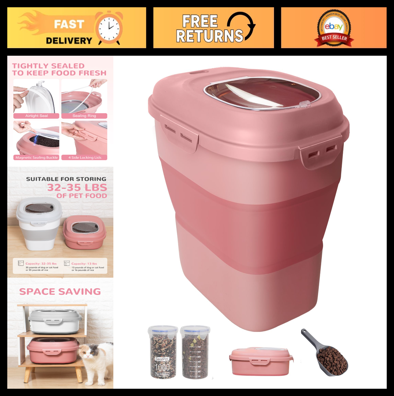 Airtight 30-35Lbs Dog Food Storage Container - Collapsible & Durable Pet Food Bi0