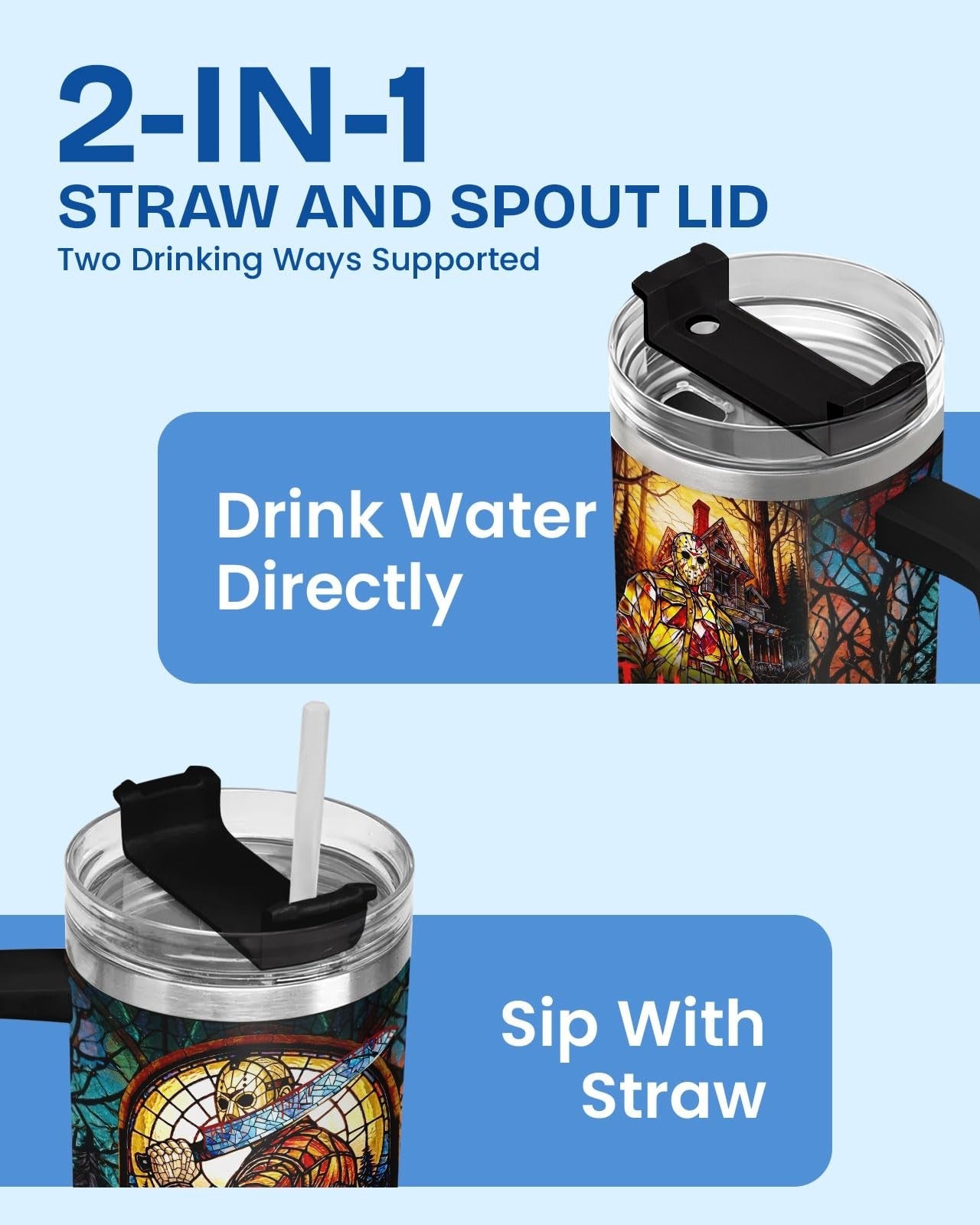 40oz Insulated Travel Mug with Handle   Funny Horror Slasher Design, Perfect Gif3
