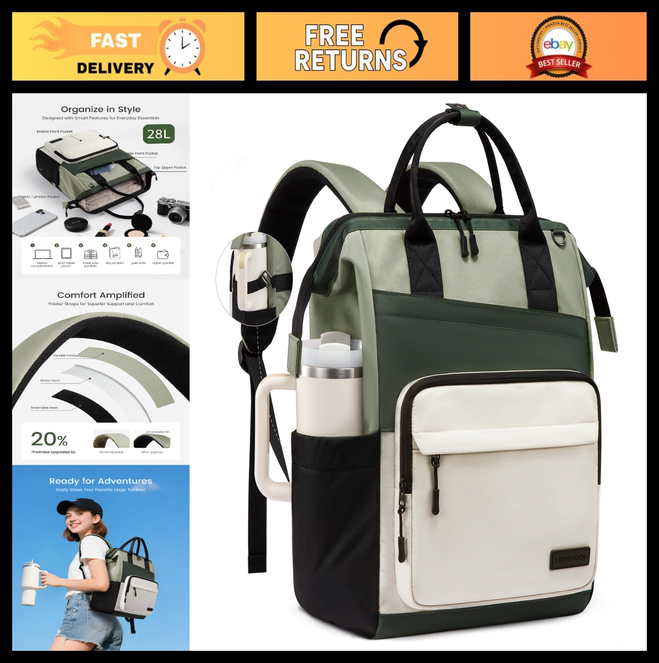 Stylish 15.6" Laptop Backpack for Women, Water Resistant Travel Bag, Large Capac0