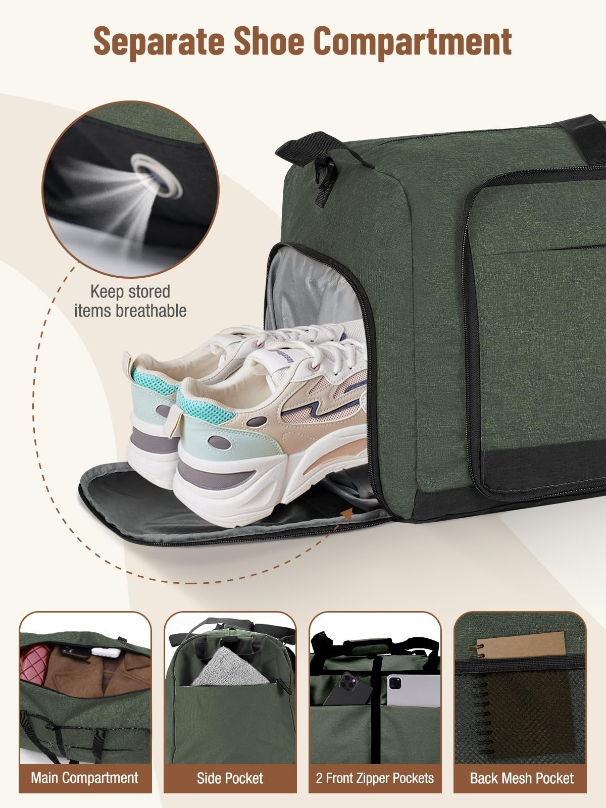 80L Foldable Travel Duffel Bag for Women - Large Weekend Carry-On with Shoe Comp3