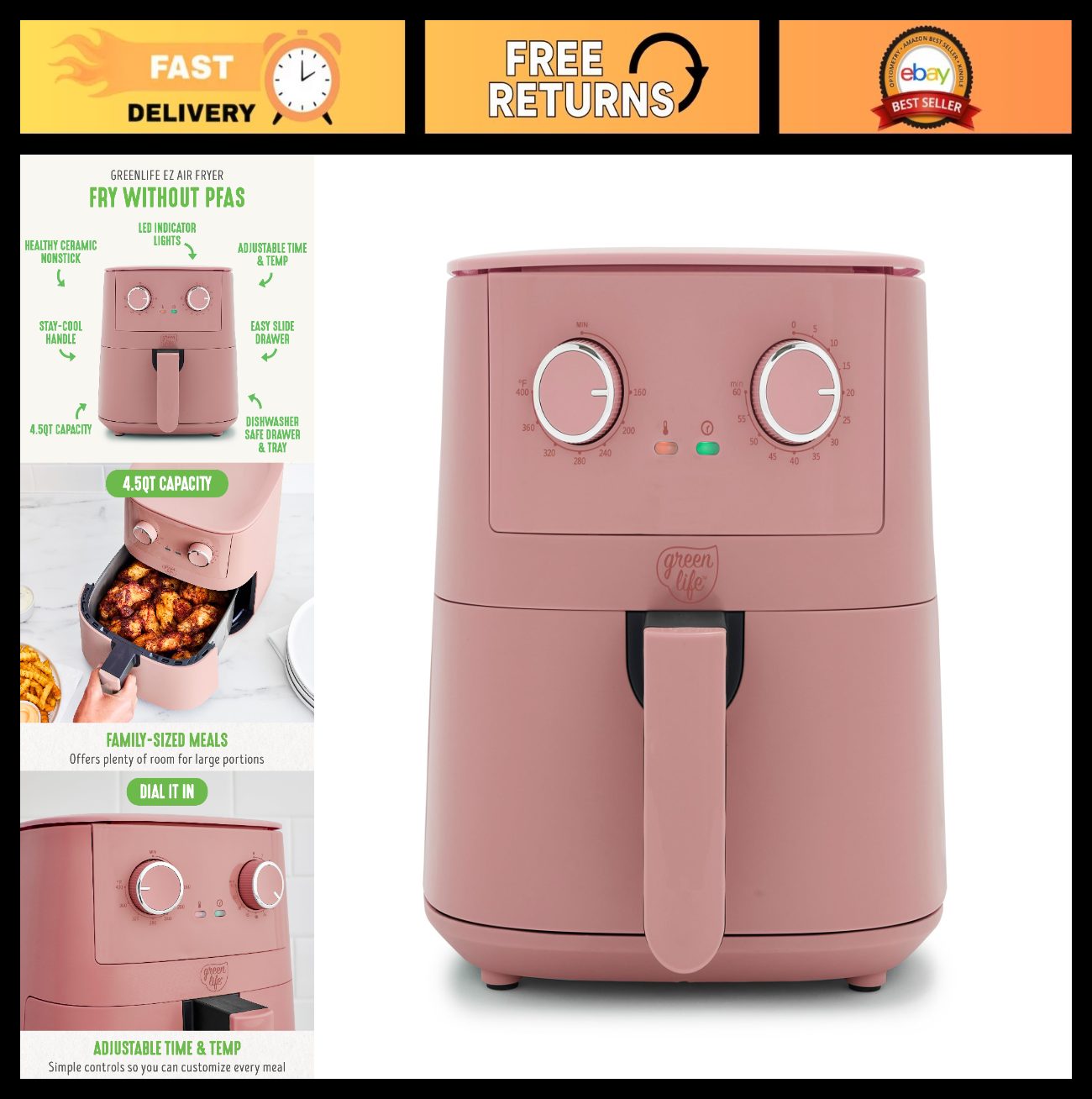 4.5QT Air Fryer with Mechanical Dial, PFAS Free Ceramic Nonstick, Adjustable Tem0