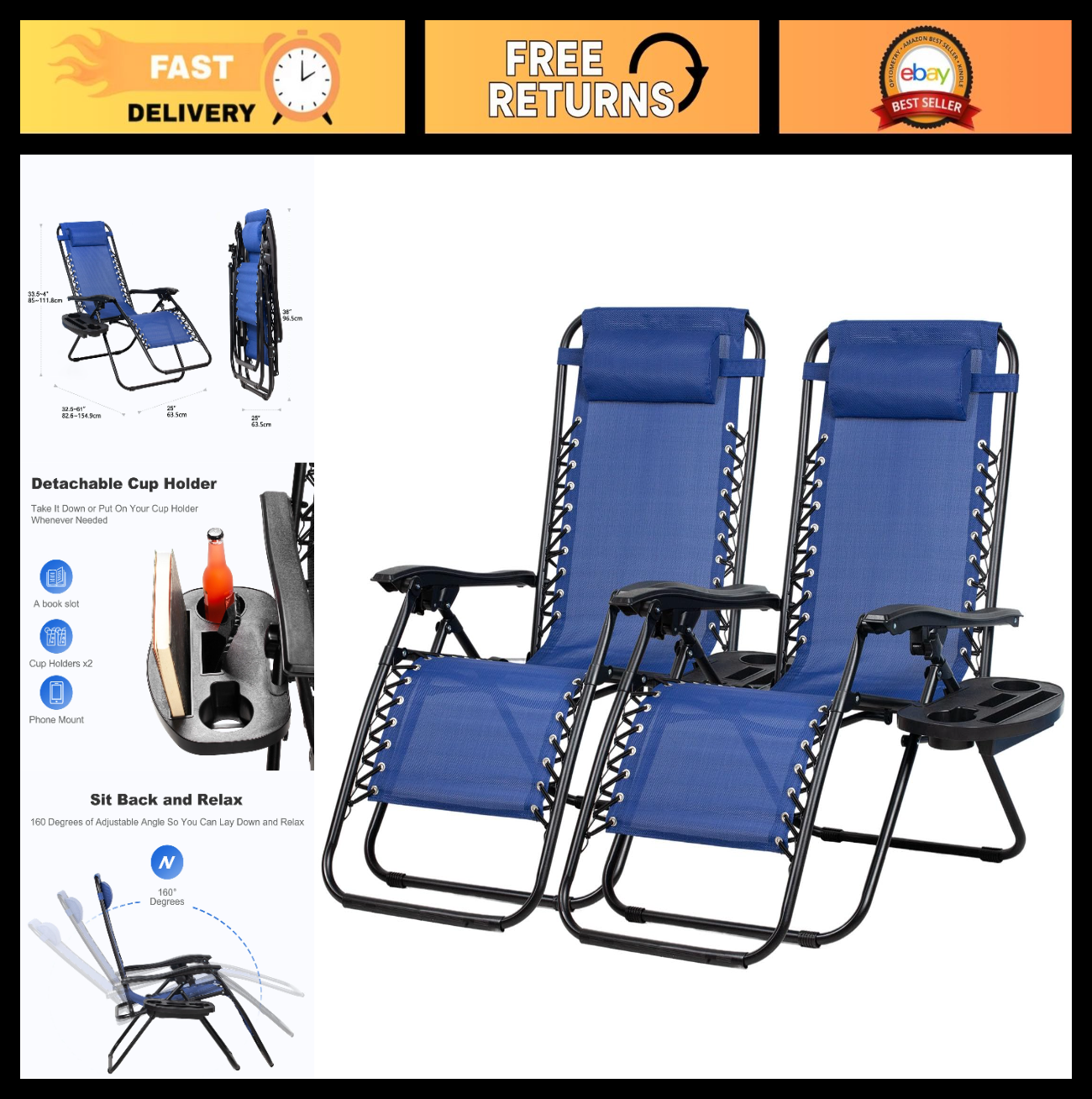 Set of 2 Adjustable Zero Gravity Lounge Chairs   Relaxing Patio Recliners with P0