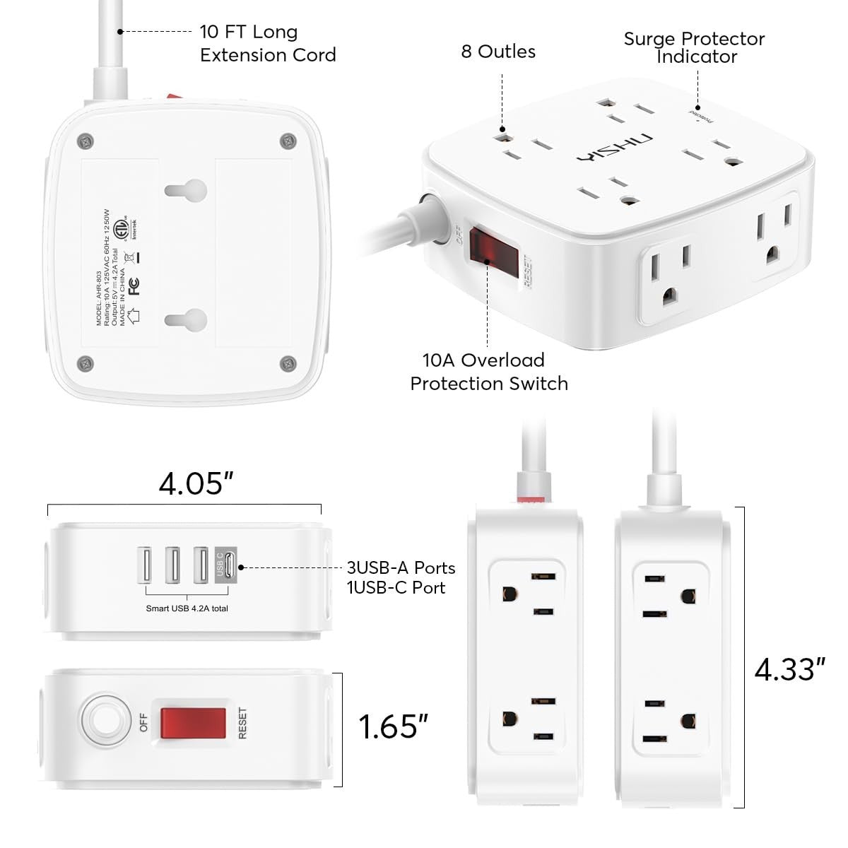 10ft Surge Protector Power Strip   8 AC Outlets & 4 USB Ports, Flat Plug, Wall M6