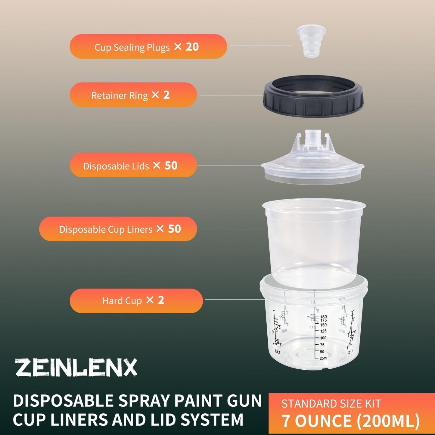 HVLP Paint Sprayer Mixing Cups - 50 Disposable 6.7oz (200ML) Kits for Auto & Fur3