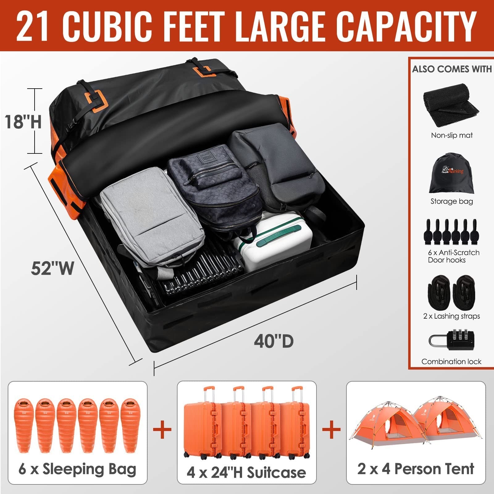 Waterproof Rooftop Cargo Carrier Bag - 21 Cu Ft Heavy Duty Roof Storage, 6 Hooks2