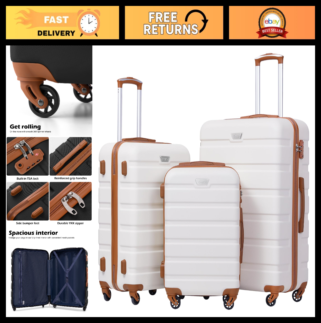 Lightweight Durable Hardshell Luggage Set, 3-Piece Suitcase with 360° Spinner Wh0